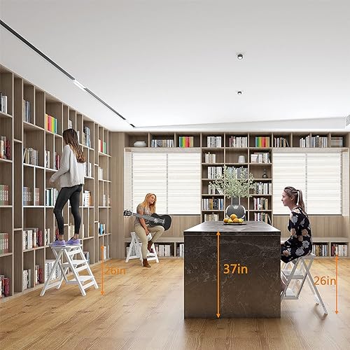 Miniatura 11 de KINGBO Taburete para adultos/escalera/silla de mostrador, taburete plegable de madera portátil de 3 escalones, antideslizante y ligero (tuerca -