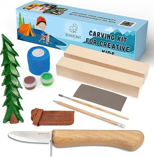 BeaverCraft Wood Carving Kit for Kids DIY 08 - Whittling Kit for Beginners - Hobby Kits for Boys – Whittling Set Includes Safety Wood Carving Knife for Kids, Basswood Blocks