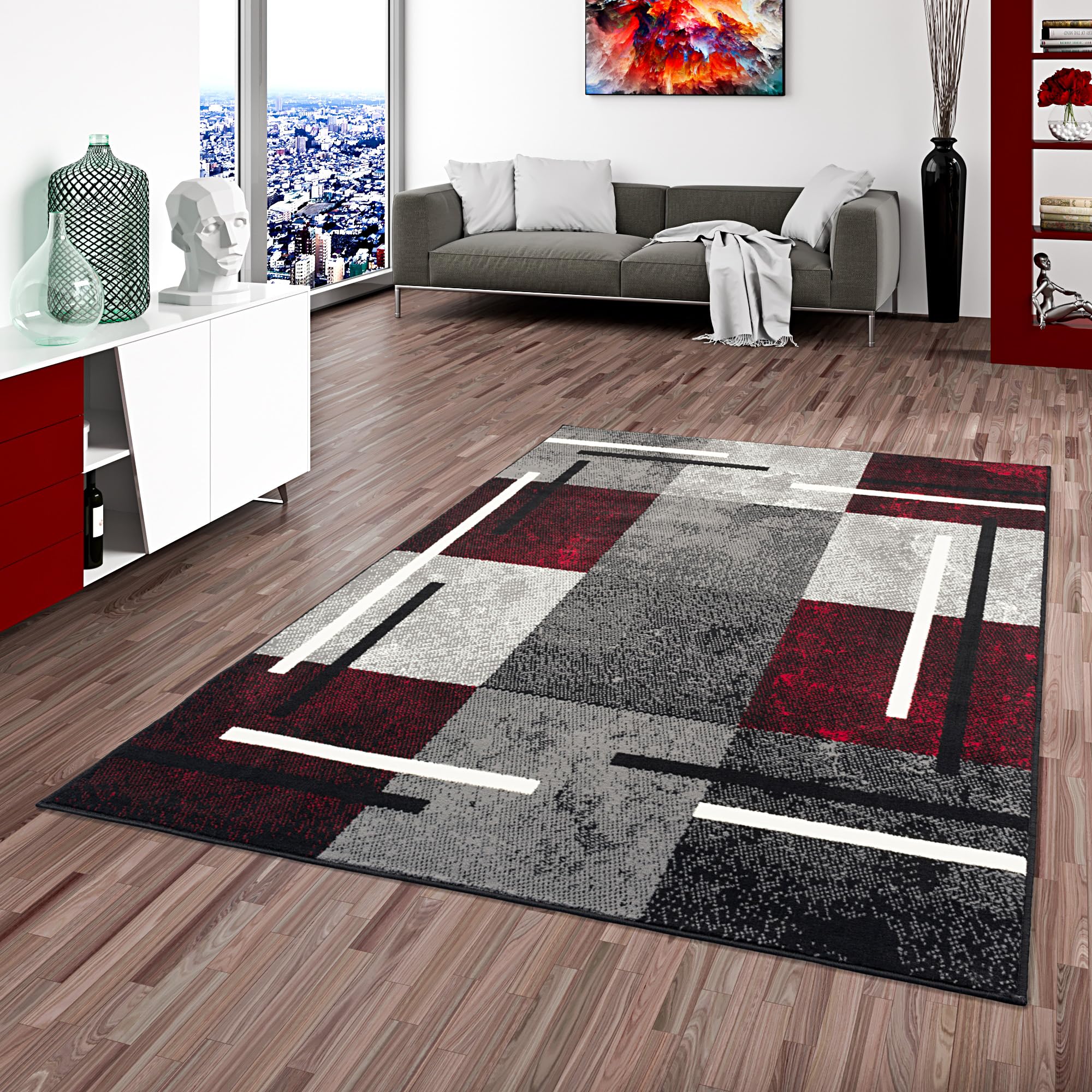 Pergamon Trendline - Tapis Moderne - Motif de Carreaux Noir Rouge - 5 Tailles Disponibles