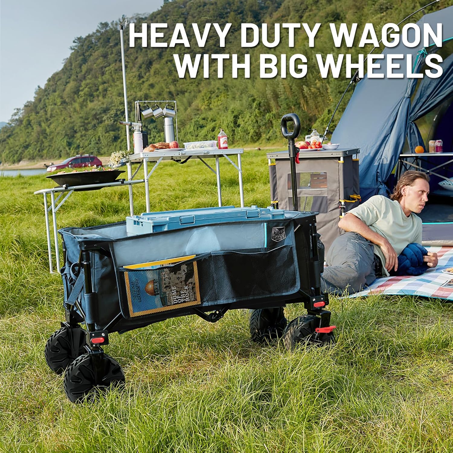 TIMBER RIDGE Outdoor Collapsible Wagon with Brakes Utility Folding Cart Heavy Duty All Terrain Wheels for Shopping Camping Garden with Side Bag and Cup Holders, Blue