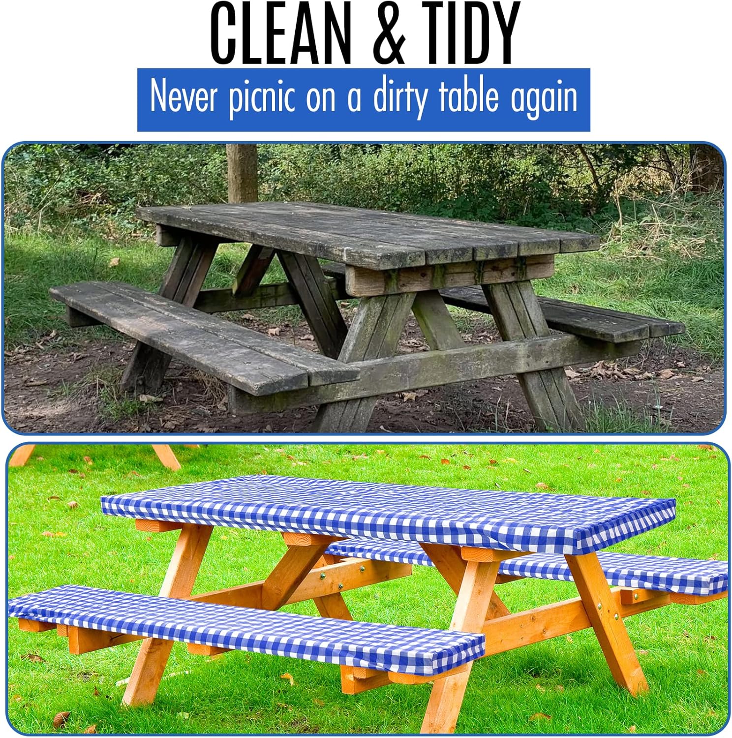 LINPRO Premium Picnic Table Cover with Bench Covers Vinyl Fitted Picnic Table Covers with Elastic RV Camping Accessories and Camper Must Haves Waterproof (Blue Gingham, 96 x 30(8ft))