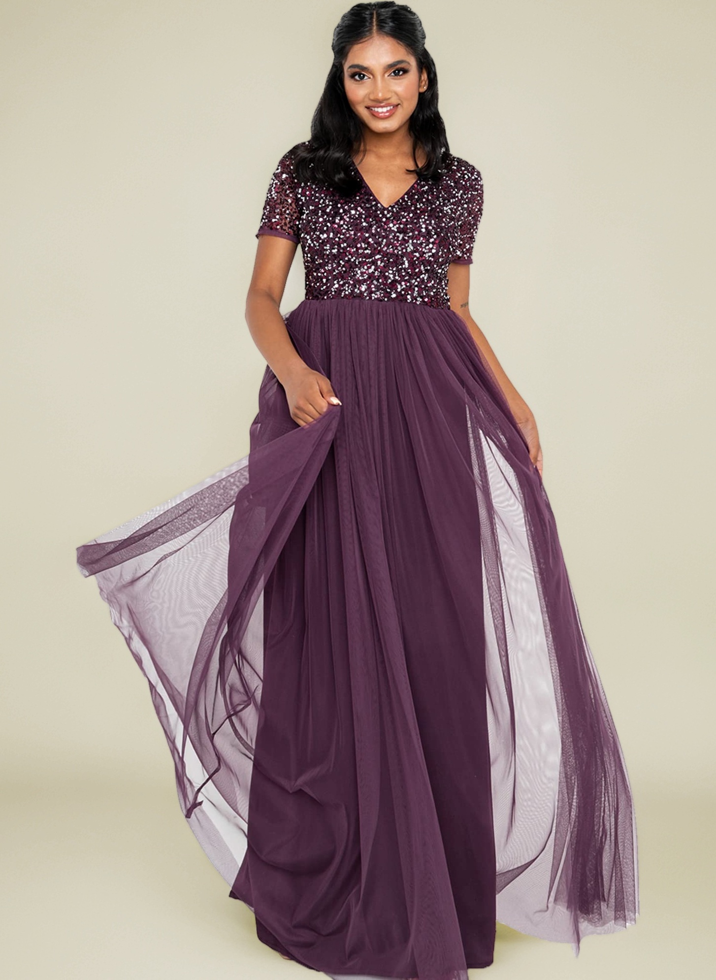 Maya Deluxe Women's Ladies Dress for Wedding Guest Plus Size Empire High Waist Sequins Short Sleeve Evening Bridesmaid, Berry, 6 Fashion