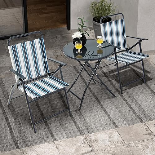 Miniatura 4 de Giantex Juego de 3 piezas de patio bistró, juego de mesa y sillas plegables, juego de comedor de metal para exteriores con 2 sillas, mesa auxiliar