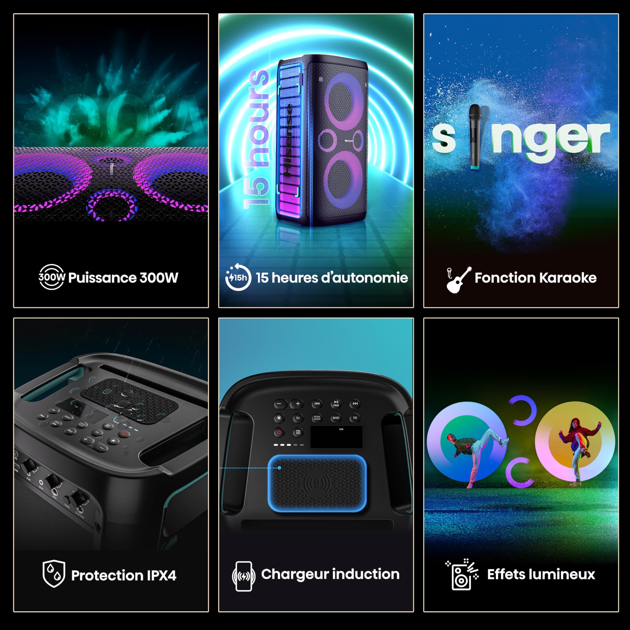 Hisense Party Rocket - Enceinte de Soirée Bluetooth Portable 160W, Jeux de Lumière Synchronisés, 12H d'Autonomie, Fonction Karaoké, Entrée Micro/Guitare