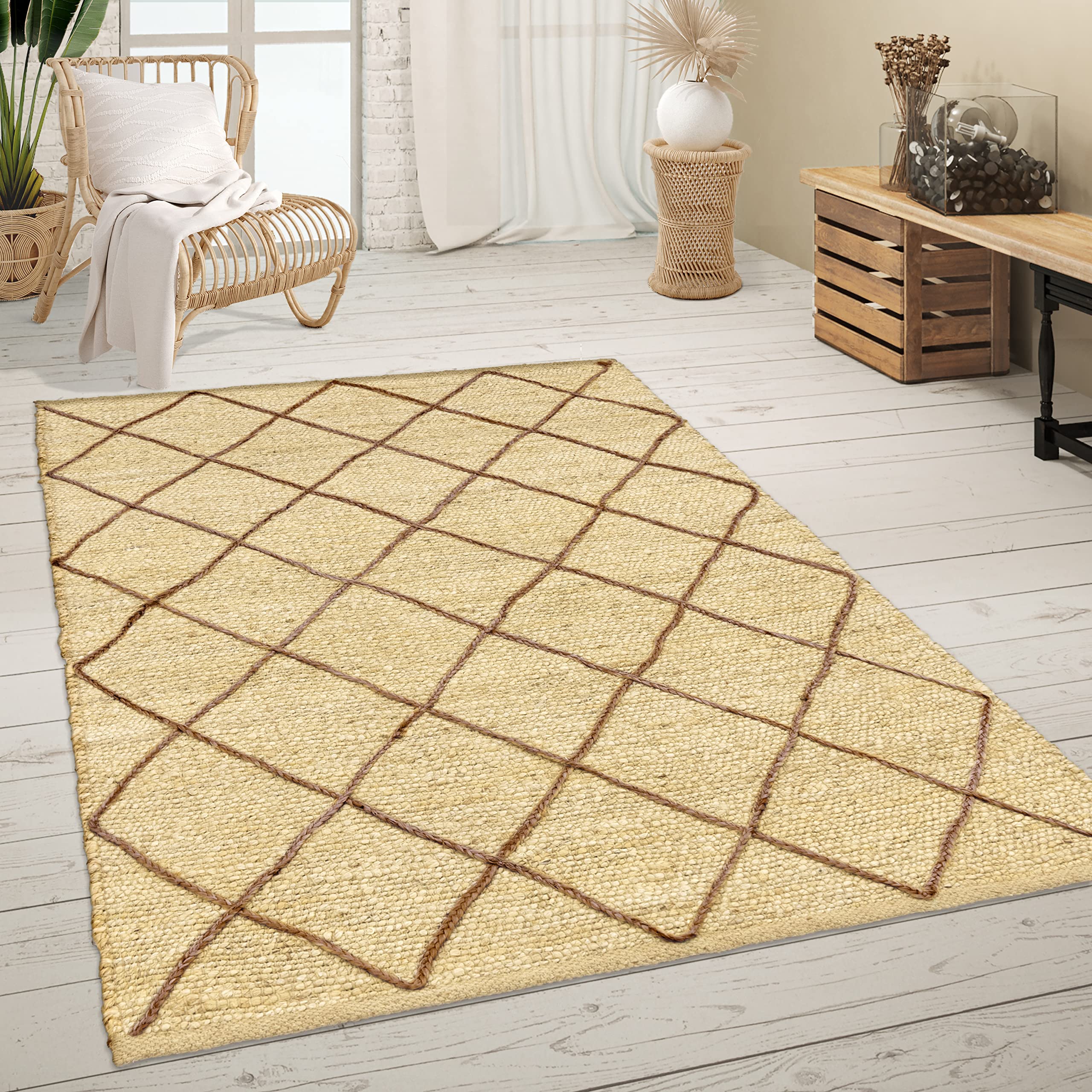 Paco Home Teppich Wohnzimmer Jute Naturfaser Handgearbeitet Modernes Skandi 3D Muster, Grösse:120x170 cm, Farbe:Creme