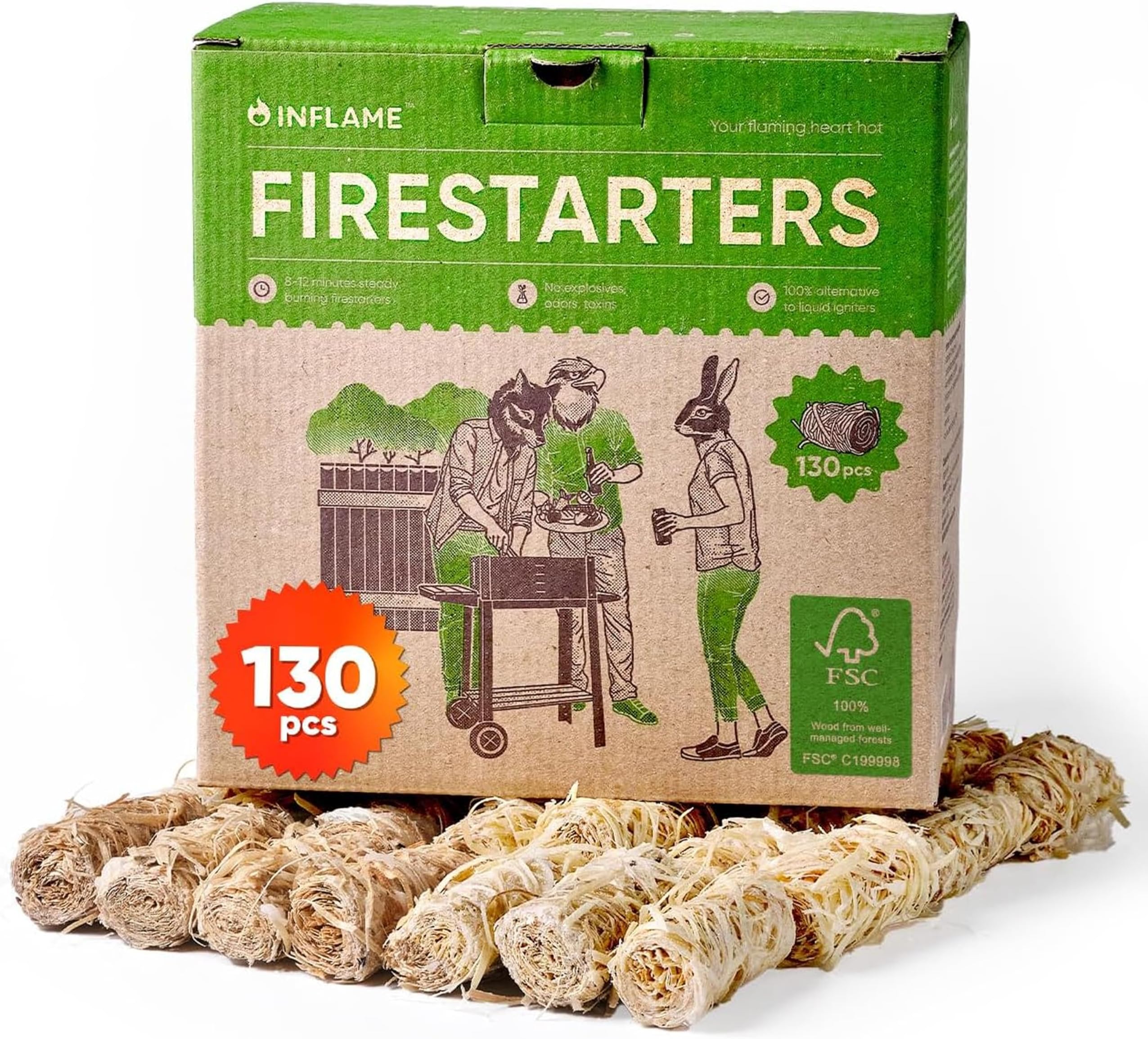 Inflame Fire Starters 130 pcs Fire Starters for Campfires, Grill, BBQ, Fireplace, Woodstove - Charcoal Starter - Waterproof, Weather-Resistant - Natural Wood Fireplace Starters