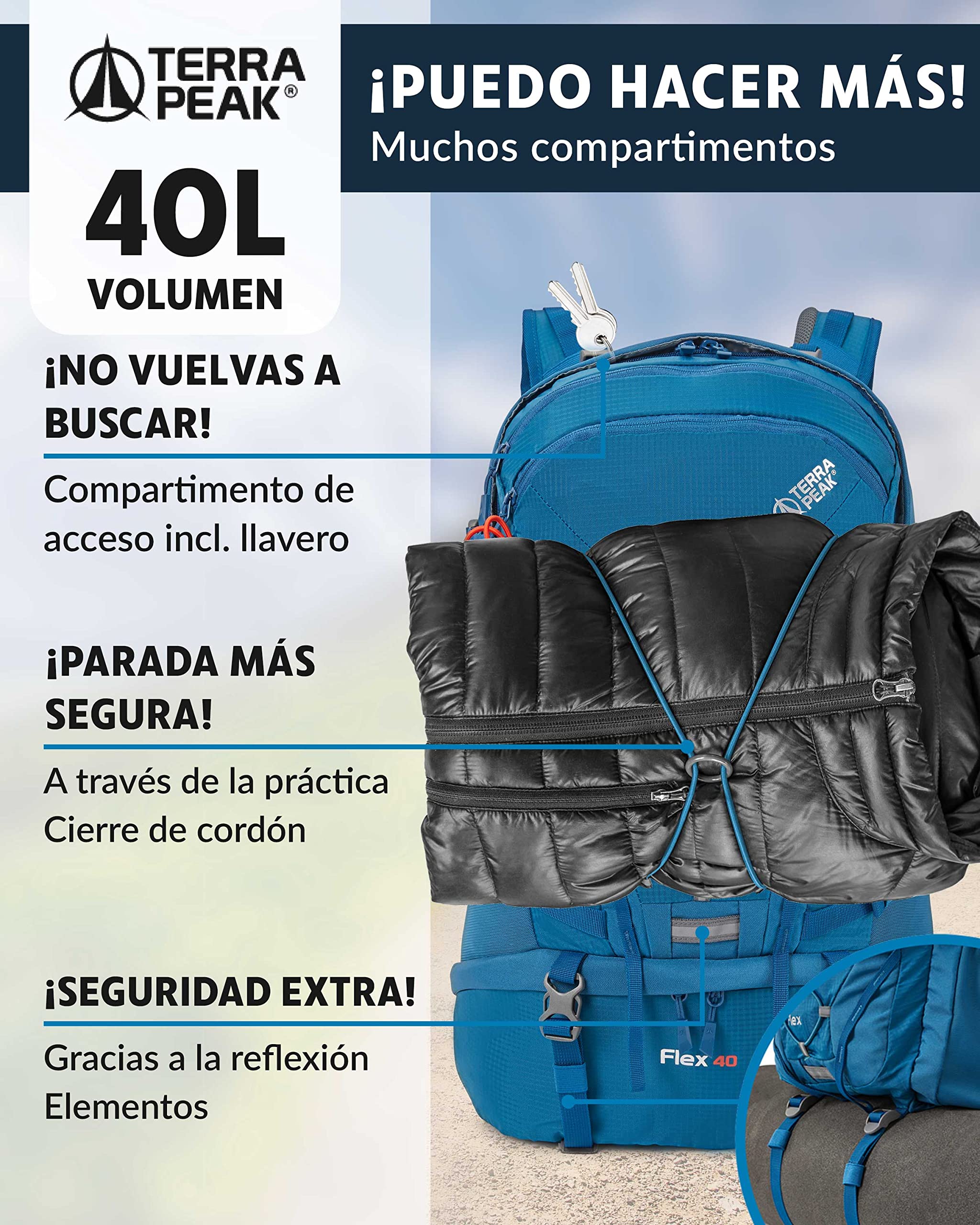 Terra Peak® Mochila de Senderismo 40L para hombre y mujer (FLEX 40 GRANDE) - Mochila de montaña, trekking y viaje para exteriores, ergonómica e impermeable con ventilación trasera (transpirable)