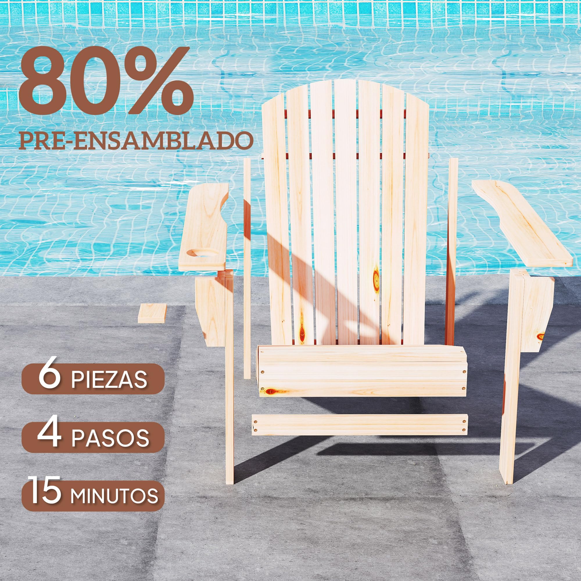 Outsunny Silla Adirondack de Madera Silla de Jardín con Reposabrazos y Respaldo Alto para Terraza Balcón Exterior 72x95x93 cm Natural