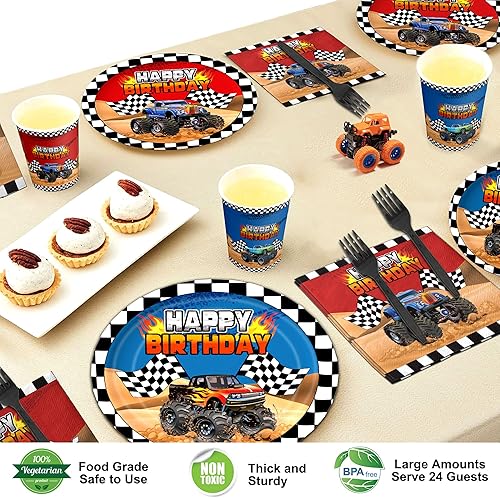 Miniatura 3 de 120 piezas de decoración de fiesta de cumpleaños para camiones, suministros para 24 platos grandes para camiones y servilletas, tenedores, autos de