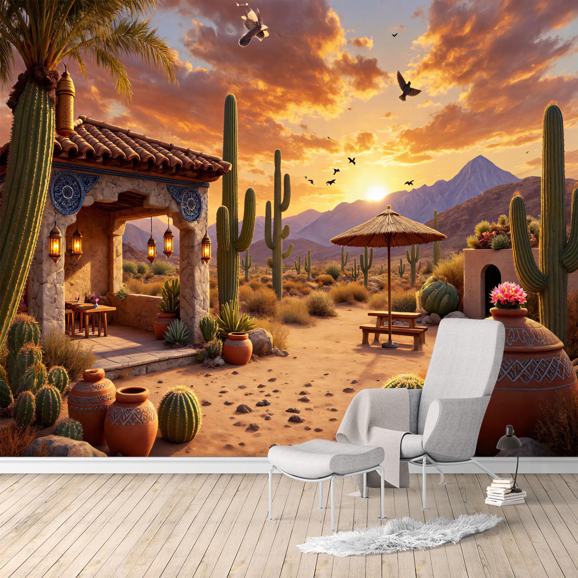 Custom Size Wall Murals, Desert Courtyard & Sunset Mountains Scene, Removable Self Adhesive Large Wallpaper Mural for Living Room Bedroom Office Home Decor