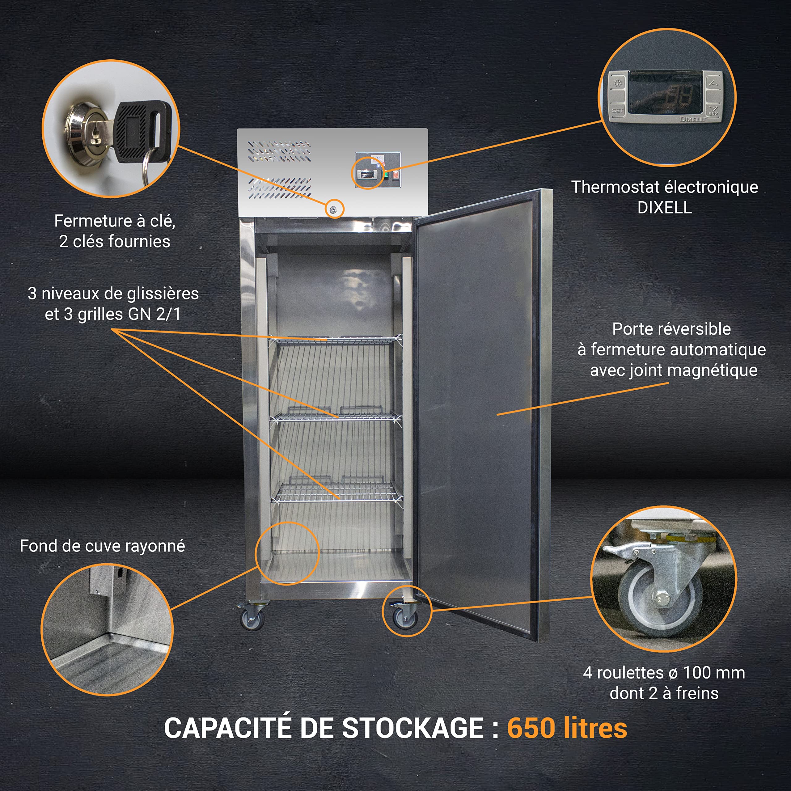 L2G – Armoire réfrigérée Positive INOX Professionnelle - 1 Porte 650 L – Tropicalisé – gaz R290