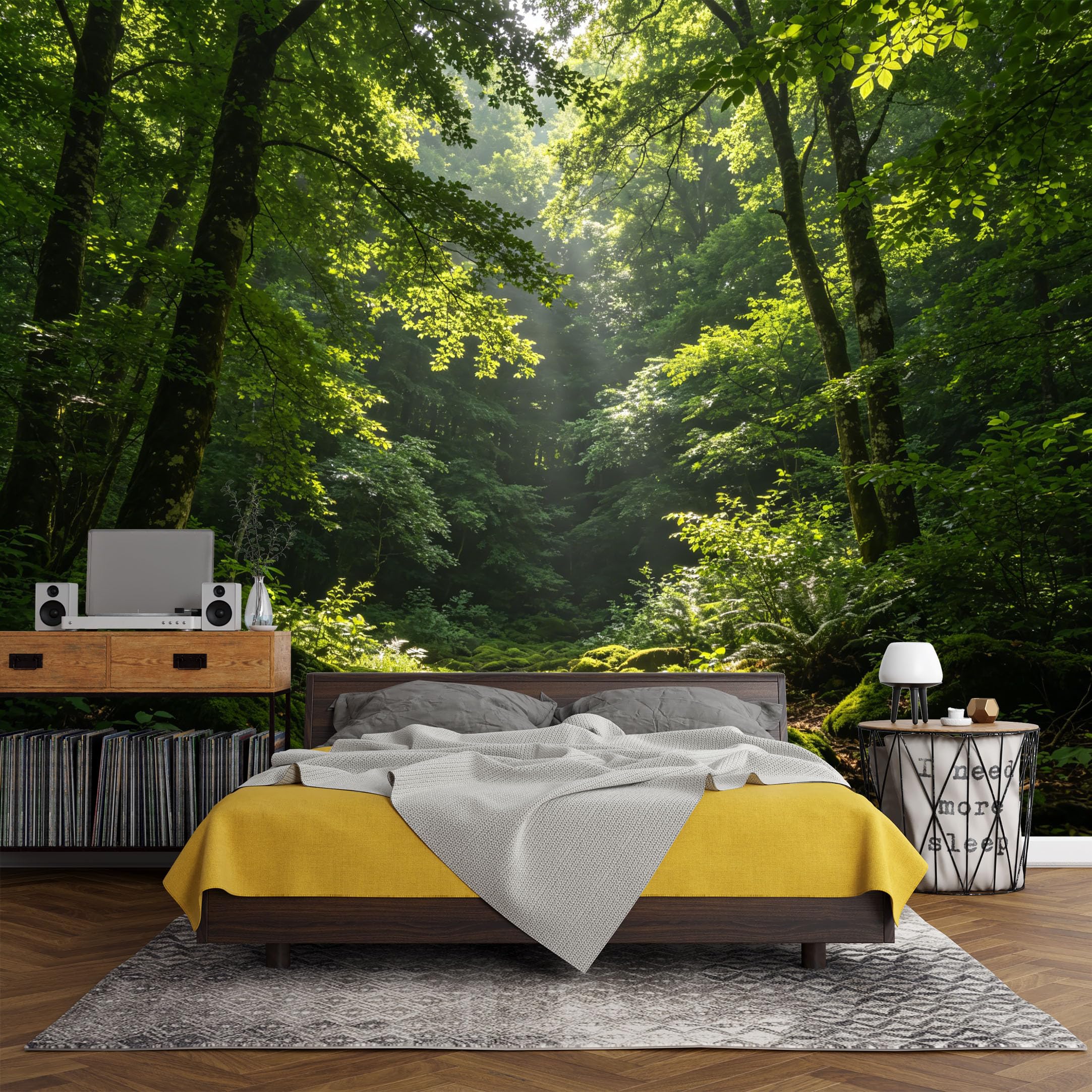 Custom Size Wall Mural， Forest Green Moss Path Sunlight Landscape Nature，SelfAdhesive Art Prints wall Fabric (No PVC) Removable Wallpaper Living Room Decor