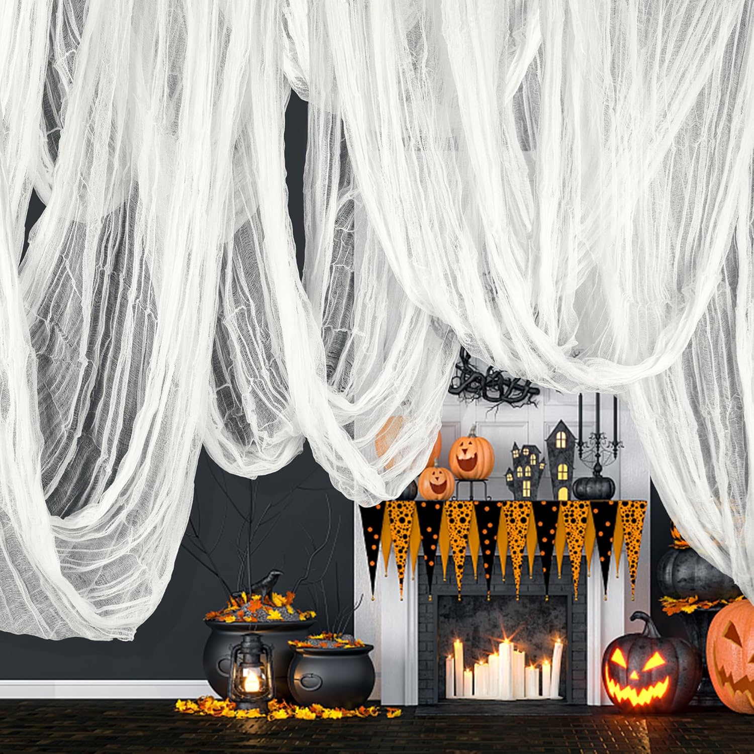RunNico 600" x 85" Creepy Cloth - Large White Halloween Spooky Fabric Cloth - Creepy Spooky Halloween Decorations for Haunted House Window Backdrops Garden Party Yard Wall Doorway 600 x 85 inch White