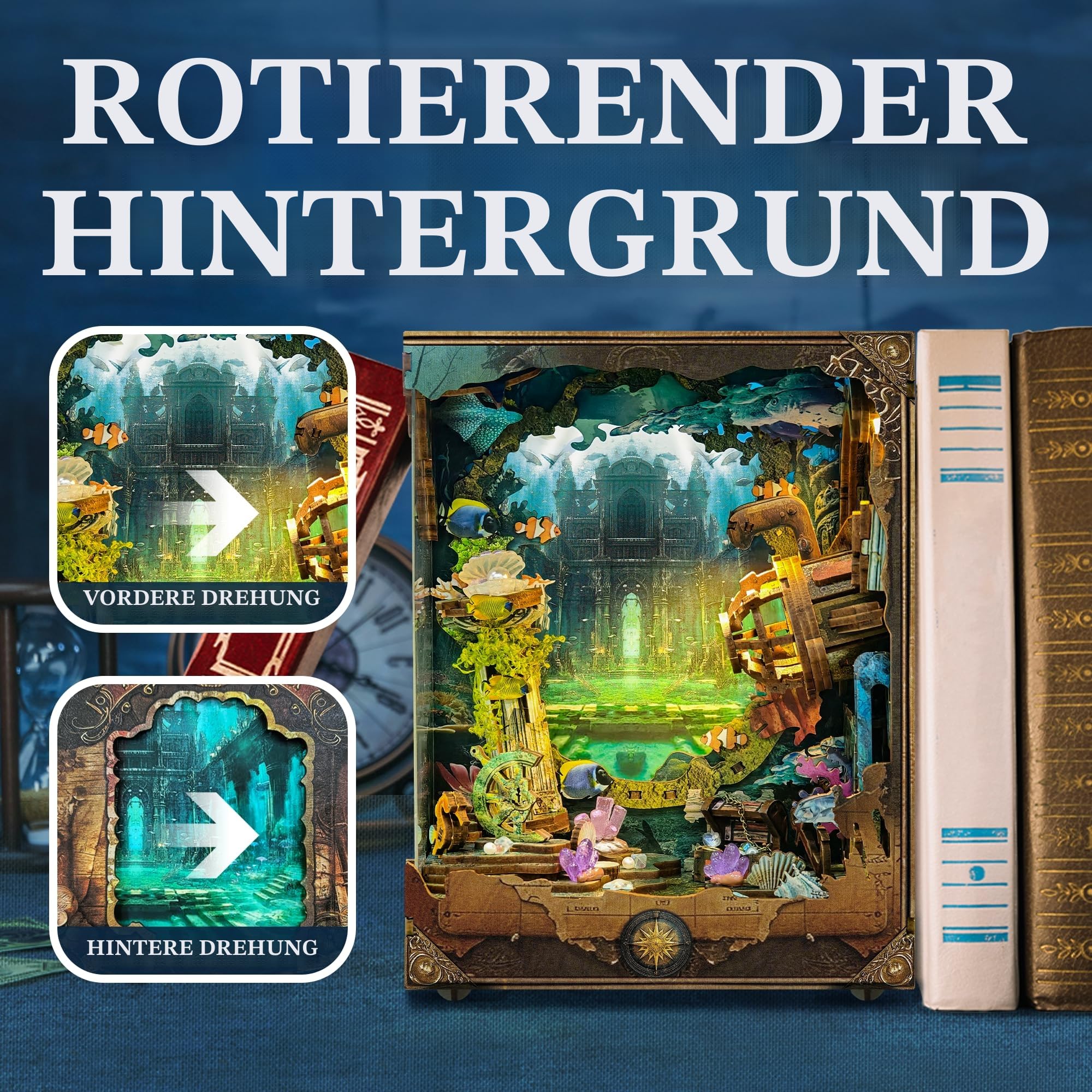 DIY Book Nooks – Tiefsee-U-Boot-Abenteuer-Miniaturhaus-Kit | Rotierender Hintergrund, LED-Lichter, Touch-Steuerung, Selbstmontage, Bastelmodellbausätze zum Verschenken & Dekorieren