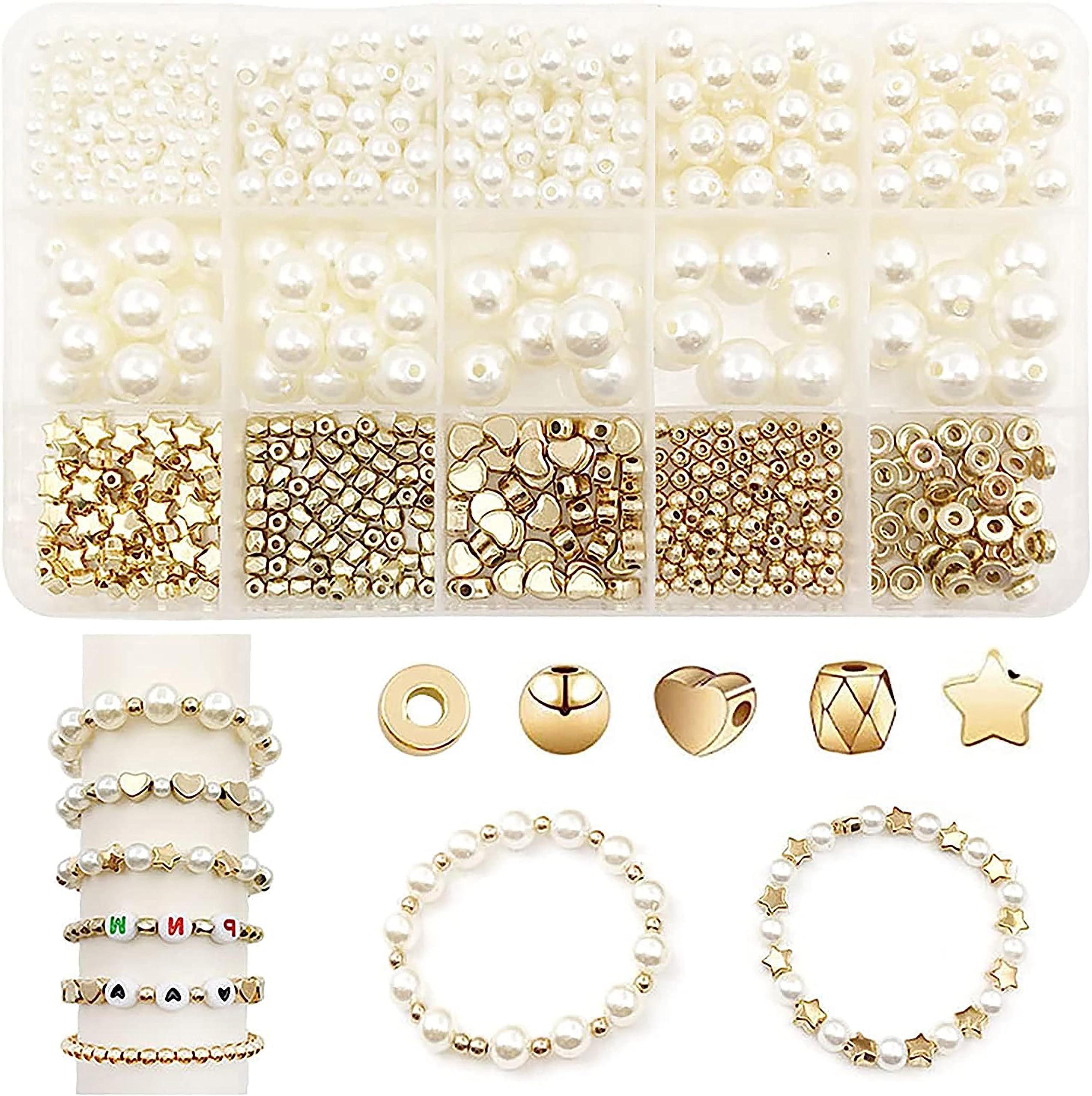 ALMEKAQUZ Spacer Beads Set,Bracelet Beads and Pearl,Small Smooth Bead,Gold Star Beads Round Disc Beads,for DIY Craft Making Jewelry Bracelet(15 Grids 720Pcs)