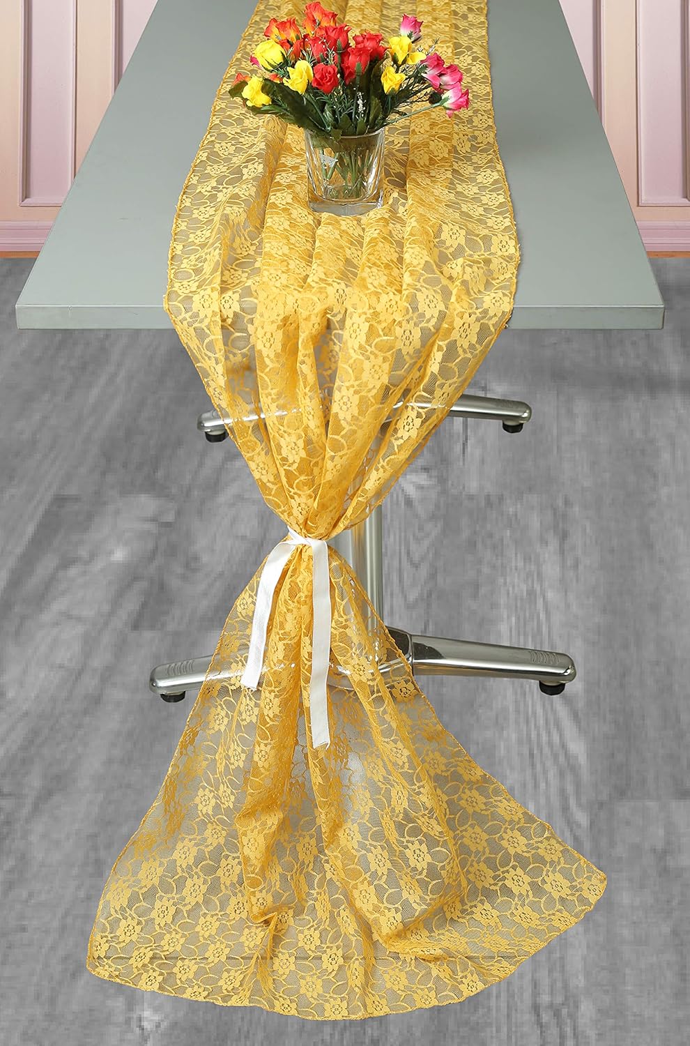 MDS Pack of 25 Wedding 27 x 170 inches Long Sheer lace Table Runner for Wedding Banquets Decorations Birthday Parties, Engagements, Rustic Boho for 14Feet Table Runners - Gold