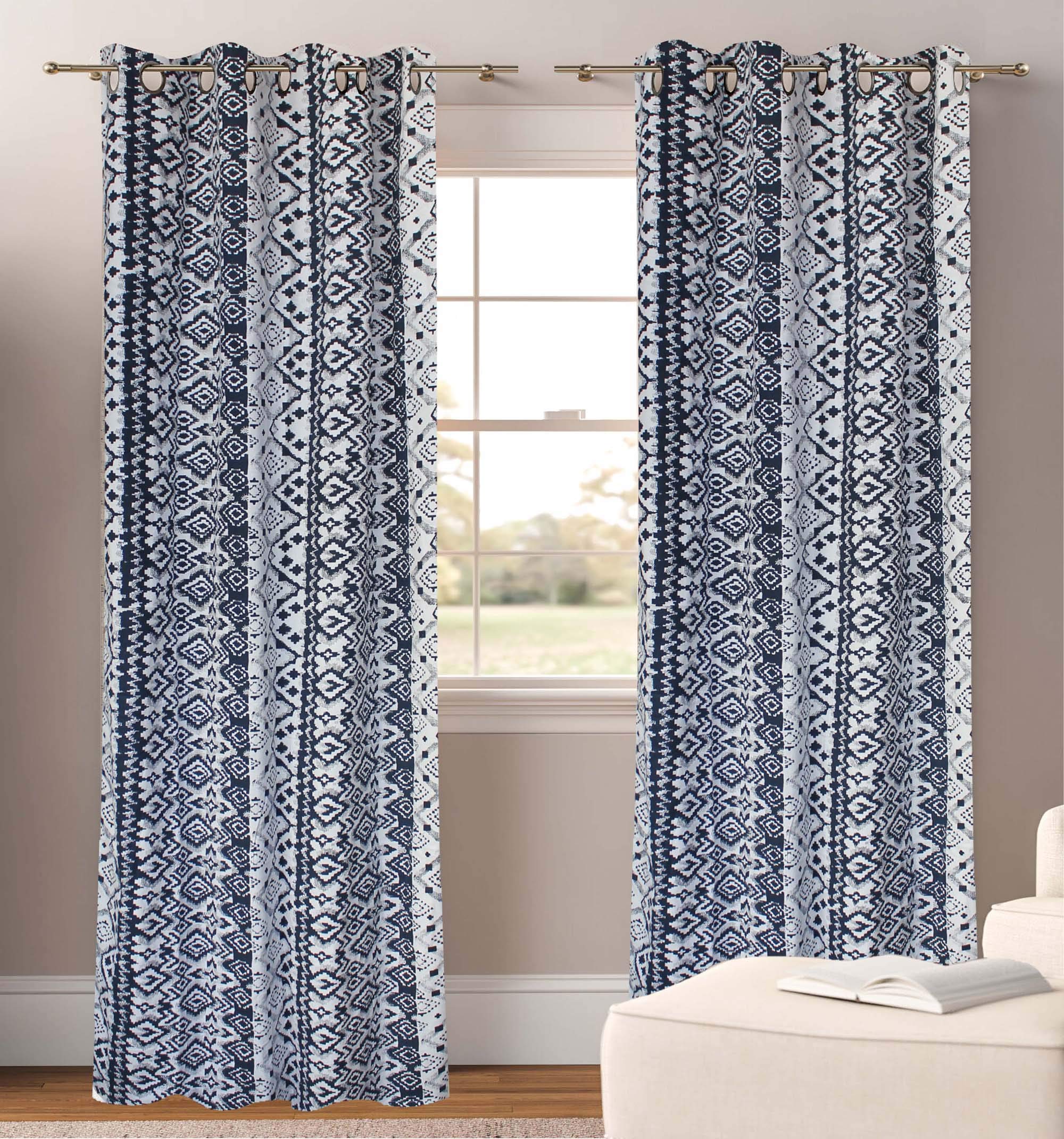 Dekor World Cotton Blue Ik-ya-rr-a Collection Geometric Eyelet Door Curtain Set for Bedroom and Living Room (110x215cm, 4x7Feet), 2 Piece