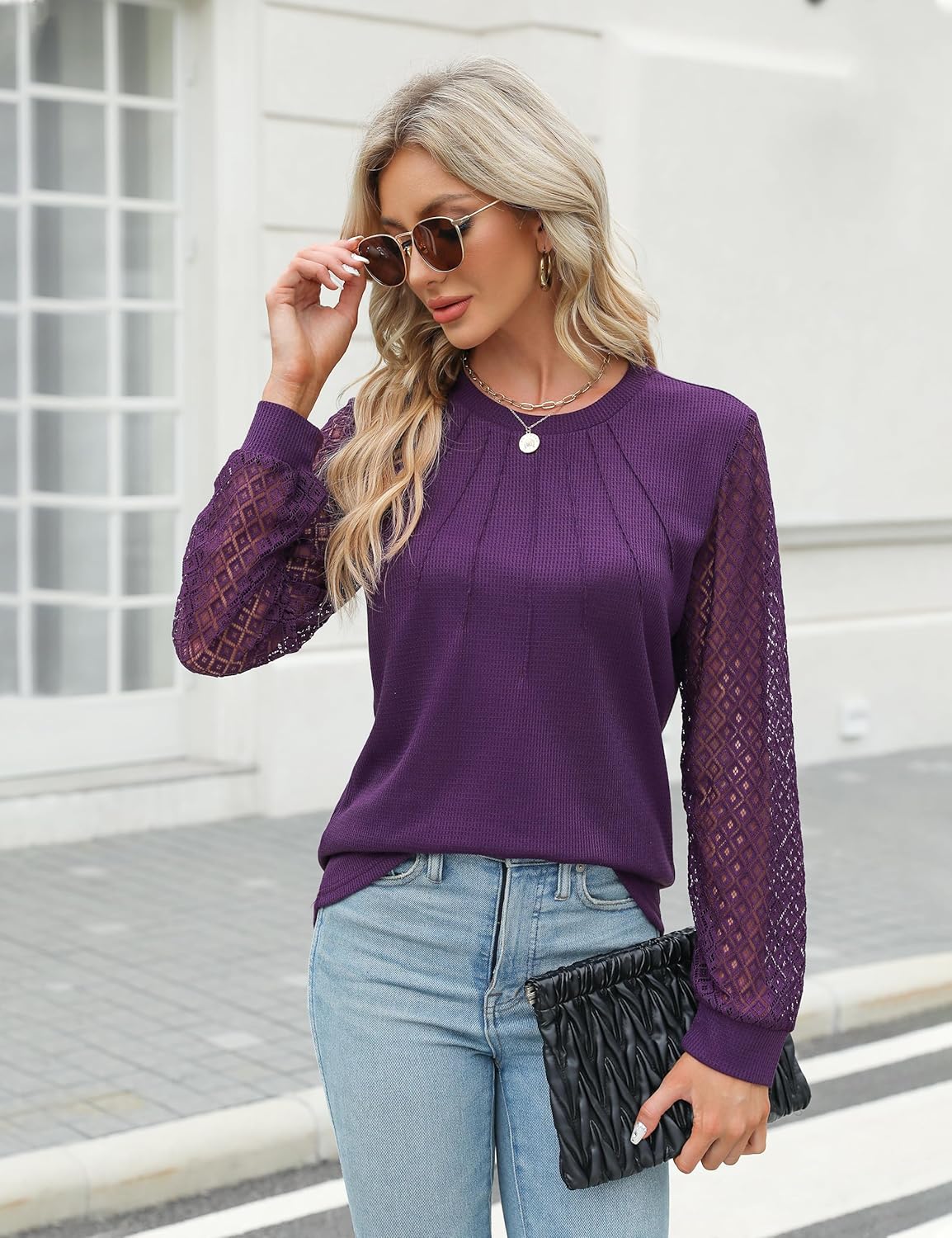 Blooming Jelly Women's Waffle Knit Tops Dressy Business Casual Blouses Lace Long Sleeve Work Shirts Fall Clothes - Image 7