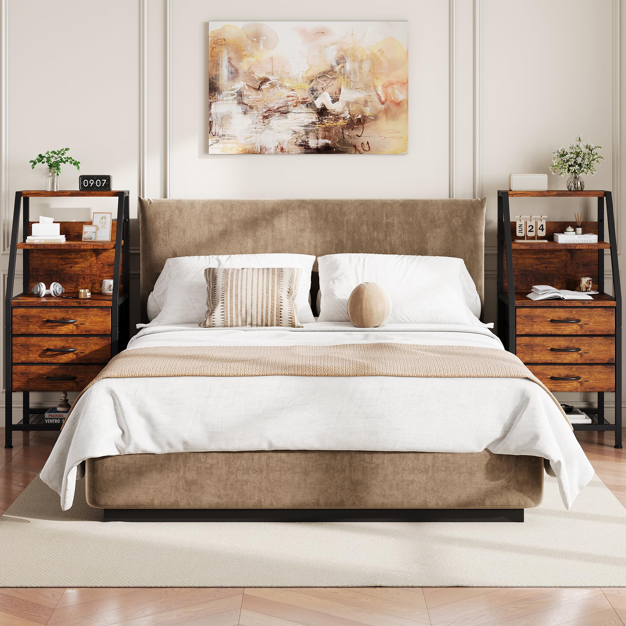 Feonase Breiter Nachttisch mit 3 Stoffschubladen und offenem Fach, geeignet für Schlafzimmer, Sofa und kleine Wohnzimmer, Vintage-Farben