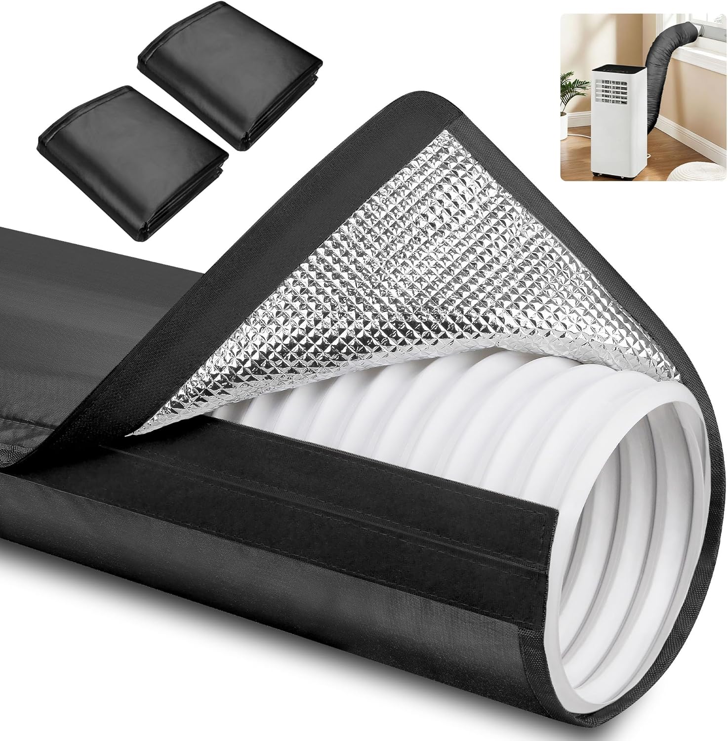 Upgraded Aluminum Foil Portable AC Hose Insulation Sleeve | Heat Reduction for 5"-5.9" Air Conditioner Hoses | Waterproof Cover Wrap with Strong Velcro | Energy Saving for AC Duct Vents | 2Pcs Black