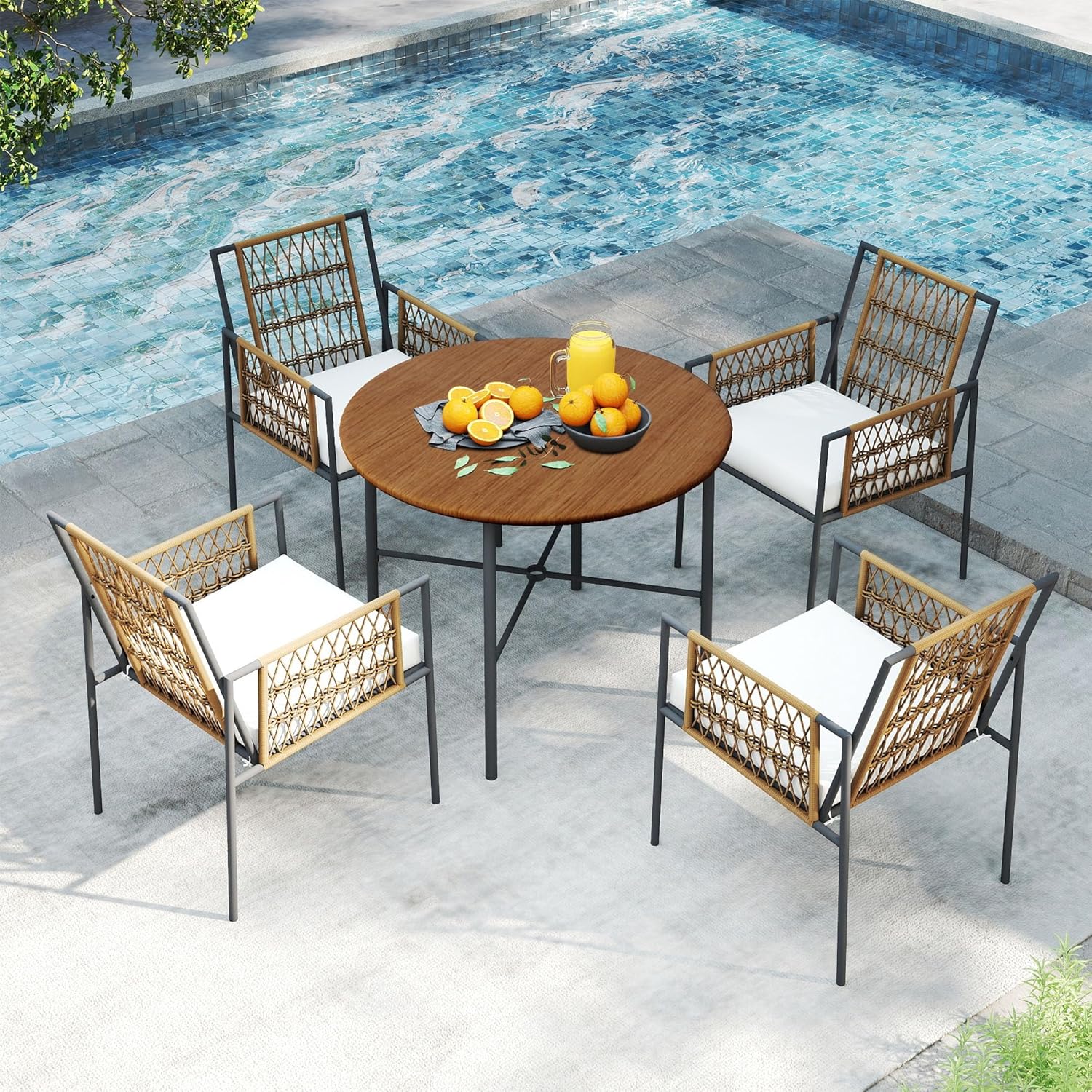 LAUSAINT HOME 5 Piece Outdoor Patio Dining Set, PE Rattan Patio Furniture Set with 4 Cushioned Armchairs & 1 Round Dining Table with Umbrella Hole, Steel Frame for Backyard, Porch, Poolside, Beige