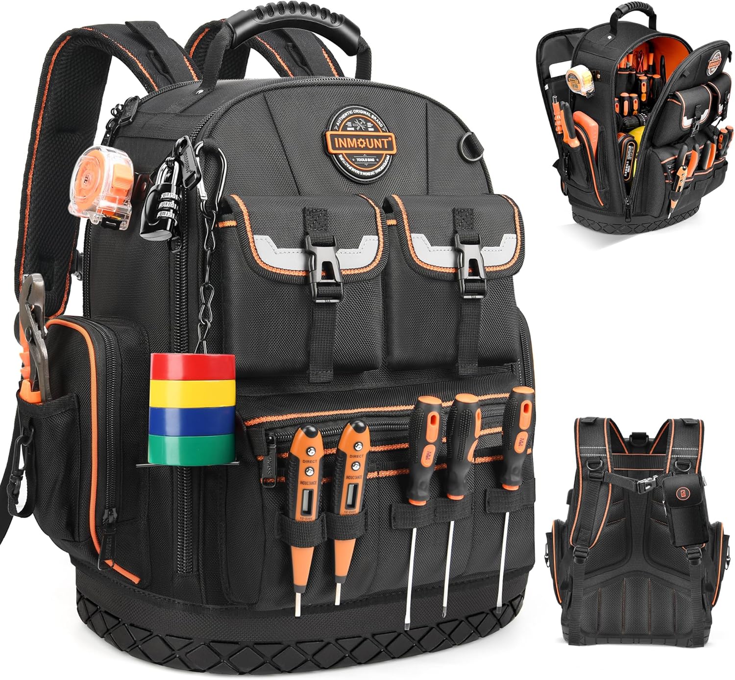 Tool Bag Backpack - Heavy Duty Tool Backpack, HVAC Tool Backpack Bag Organizer, Electrician Tool Bag with Laptop Compartment, Waterproof & Slip-Resistant Molded Base, Combination lock & 1680D - Black