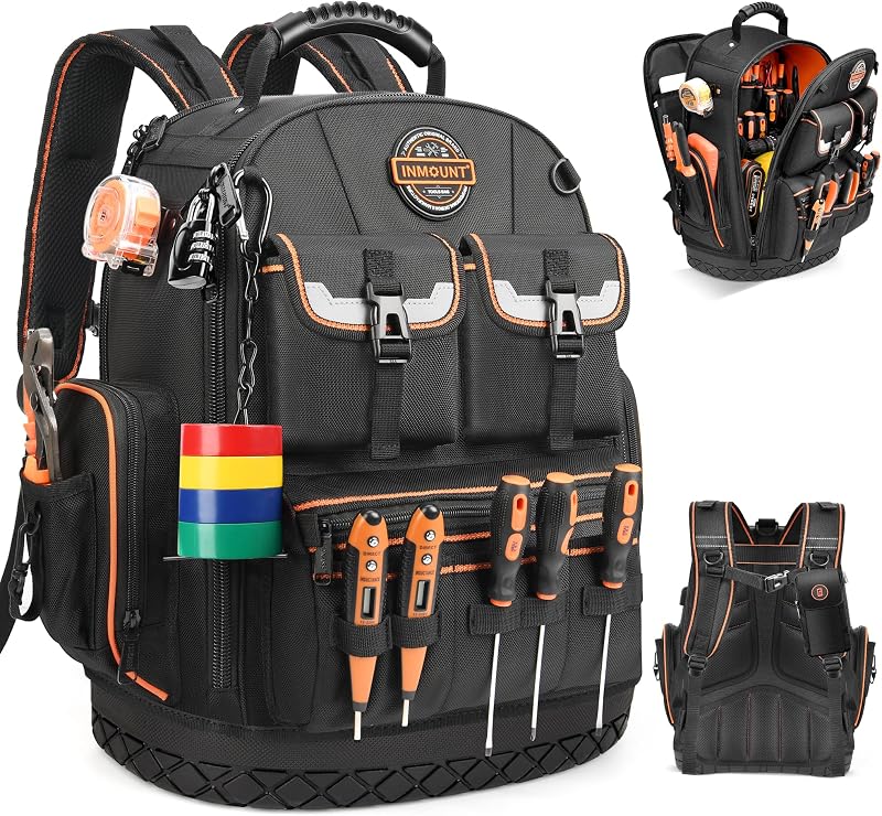 Tool Backpack Heavy Duty, Backpack Tool Bag organizer with 89 Pockets & Loops, Laptop Compartment, Combination Lock,Molded Base, 1680D Construction Backpack for HVAC,Mechanic,Electrician (Black)