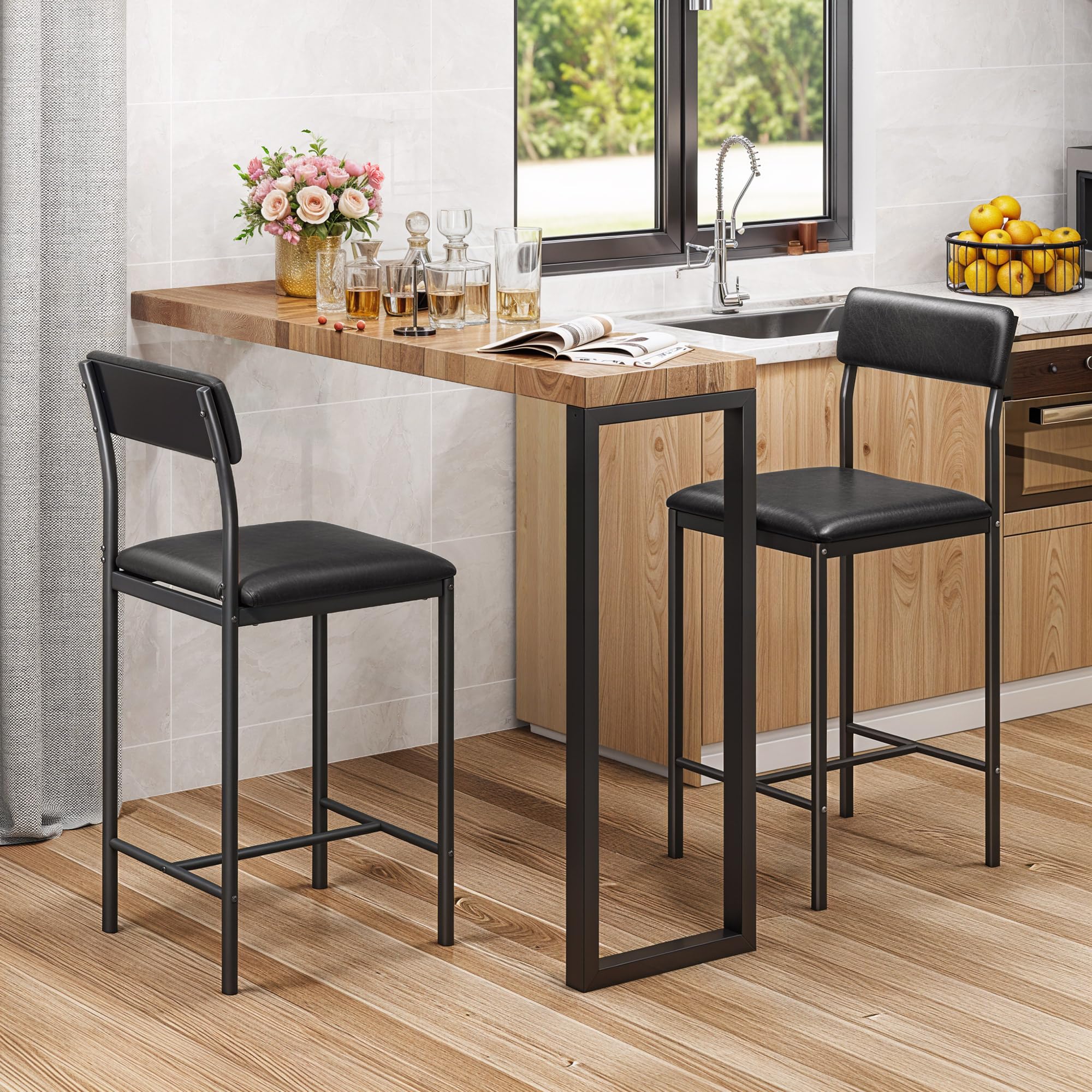 YITAHOME Barhocker Set von 2, Hochhocker mit gepolstertem Sitz und Rückenlehne, industrielle Barhocker für Küche/Esszimmer, Barstühle mit ergonomischem Fußstützen, schwarz