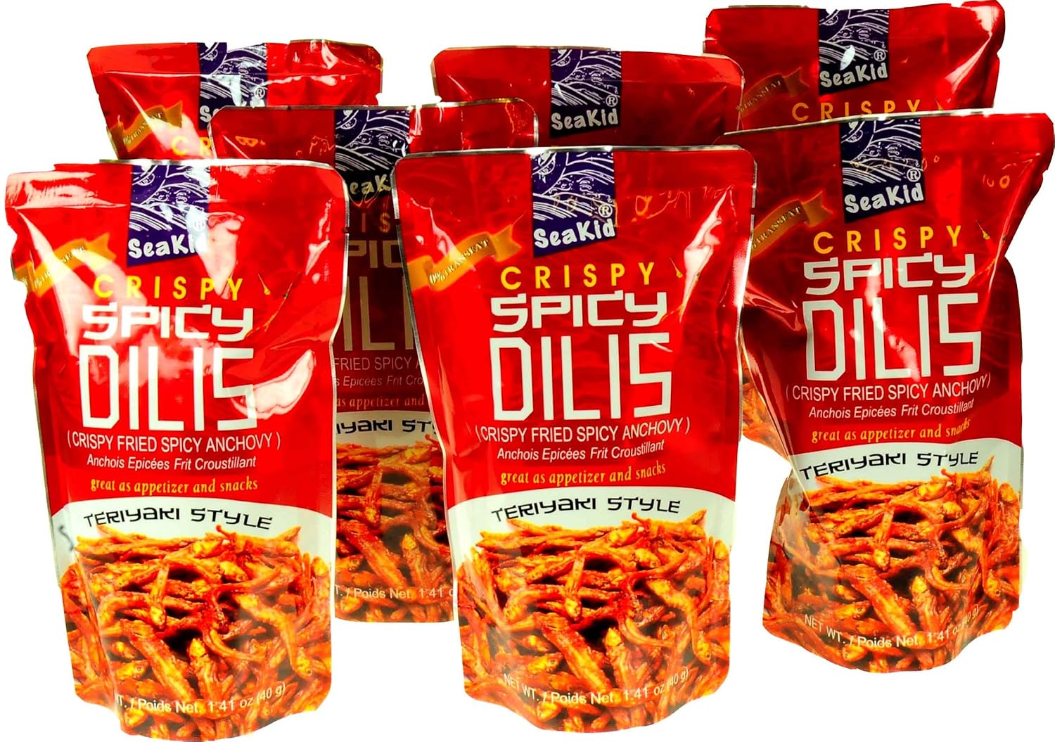 Seakid Crispy Spicy Dilis (Fried Anchovy) Pack of 7, 40 Gram Each Bag