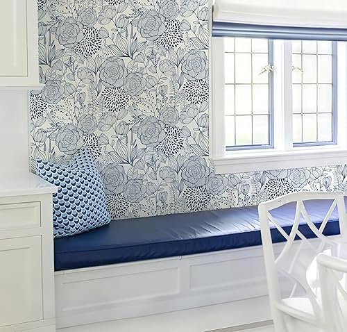 Miniatura 4 de Wudnaye Papel tapiz floral azul marino para despegar y pegar, papel tapiz azul y blanco, 16.9 x 118 pulgadas, papel de contacto con flores, papel de