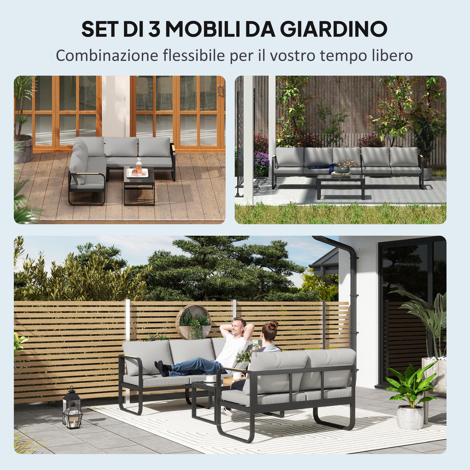 Outsunny Set Salotto da Giardino da 3 Pezzi, con Divanetto da Esterno a 3 Posti Regolabile in 5 Posizioni, Divano 2 Posti, Tavolo da Caffè in Vetro e Cuscini, Set di Mobili in Metallo, Grigio/Nero