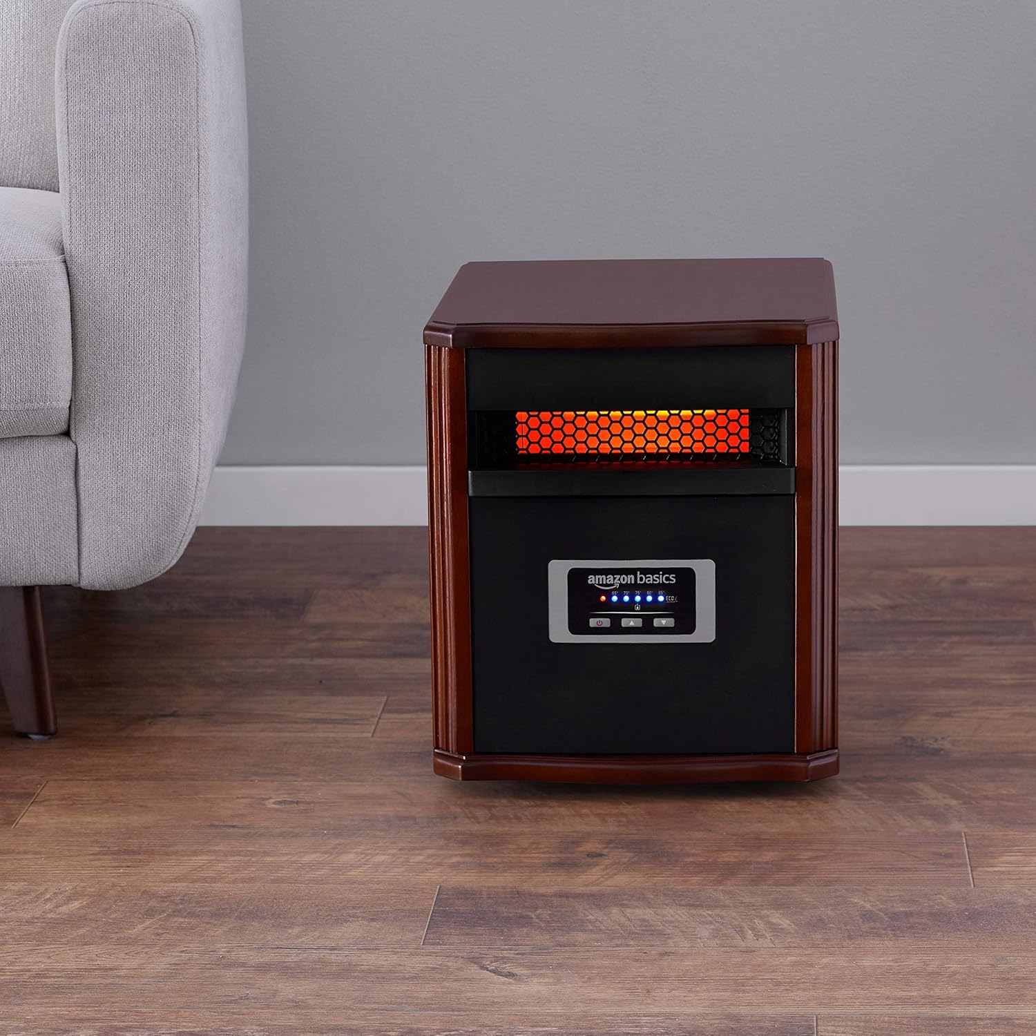 Amazon Basics Portable Space Heater with Remote Control, Adjustable Thermostat, Indoor Use, Energy-Saving Setting, LED Display, Classic Wood Casing, 1500W, 12"D x 13"W x 16"H, Brown