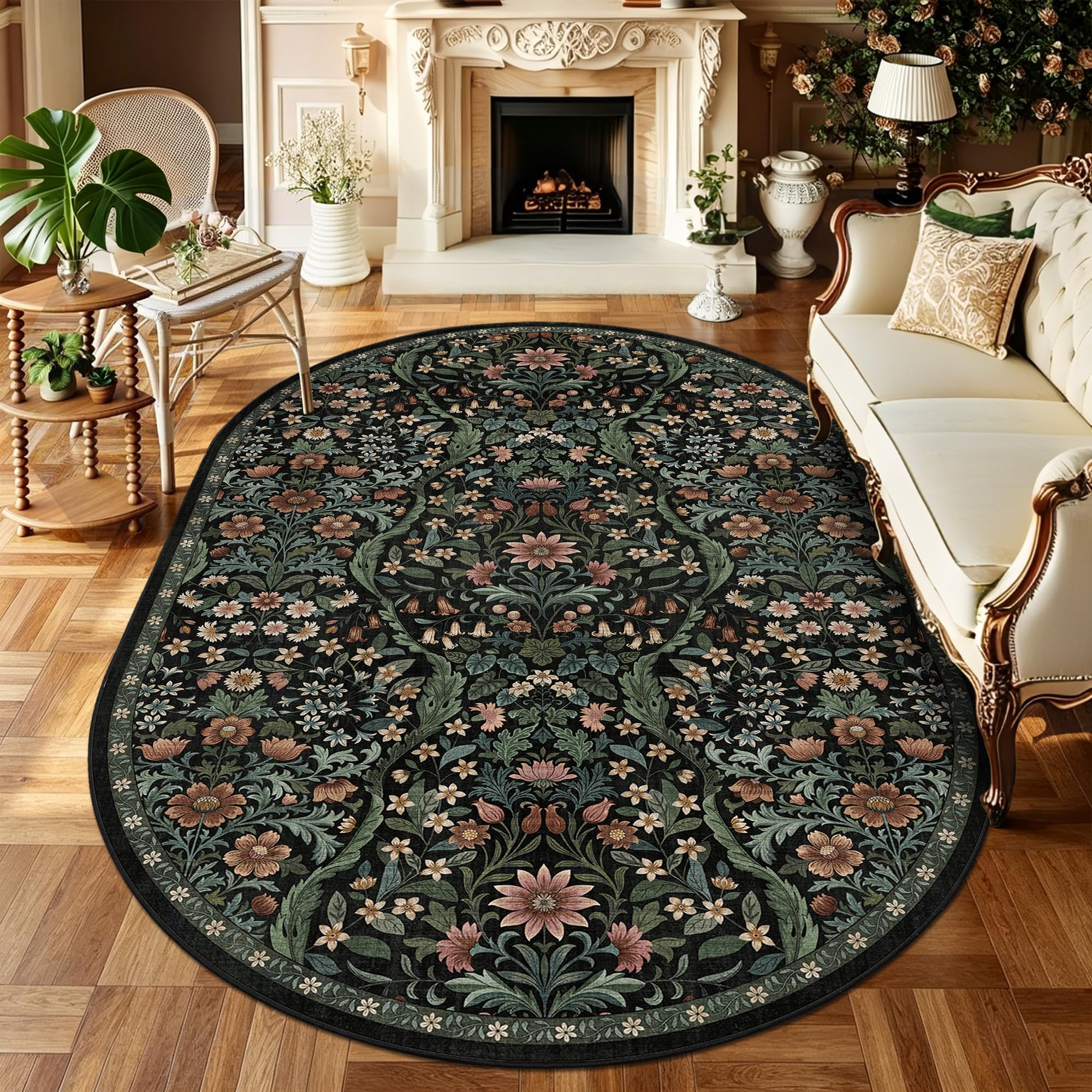 6x9 Oval Washable Rug Black Floral Indoor Non Slip Boho Carpet