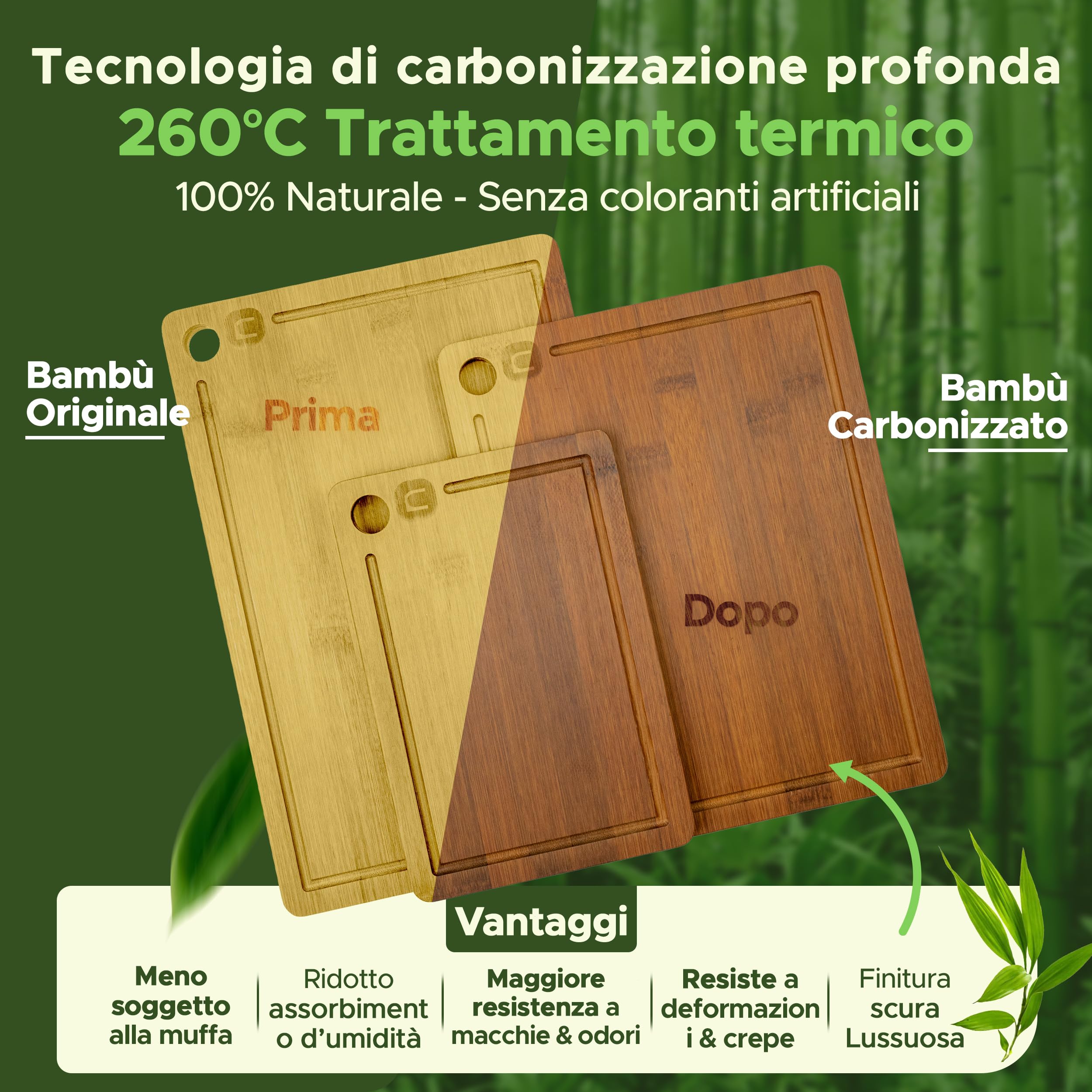 naturlik Set 3 Taglieri Bambù Carbonizzato con Scanalatura | Tagliere Legno per Carne, Salumi e Formaggi | Tagliere da Portata | Pre-Oliato, Senza BPA, Ecologico | 3 Misure: 33×22/28×22/22×15 cm