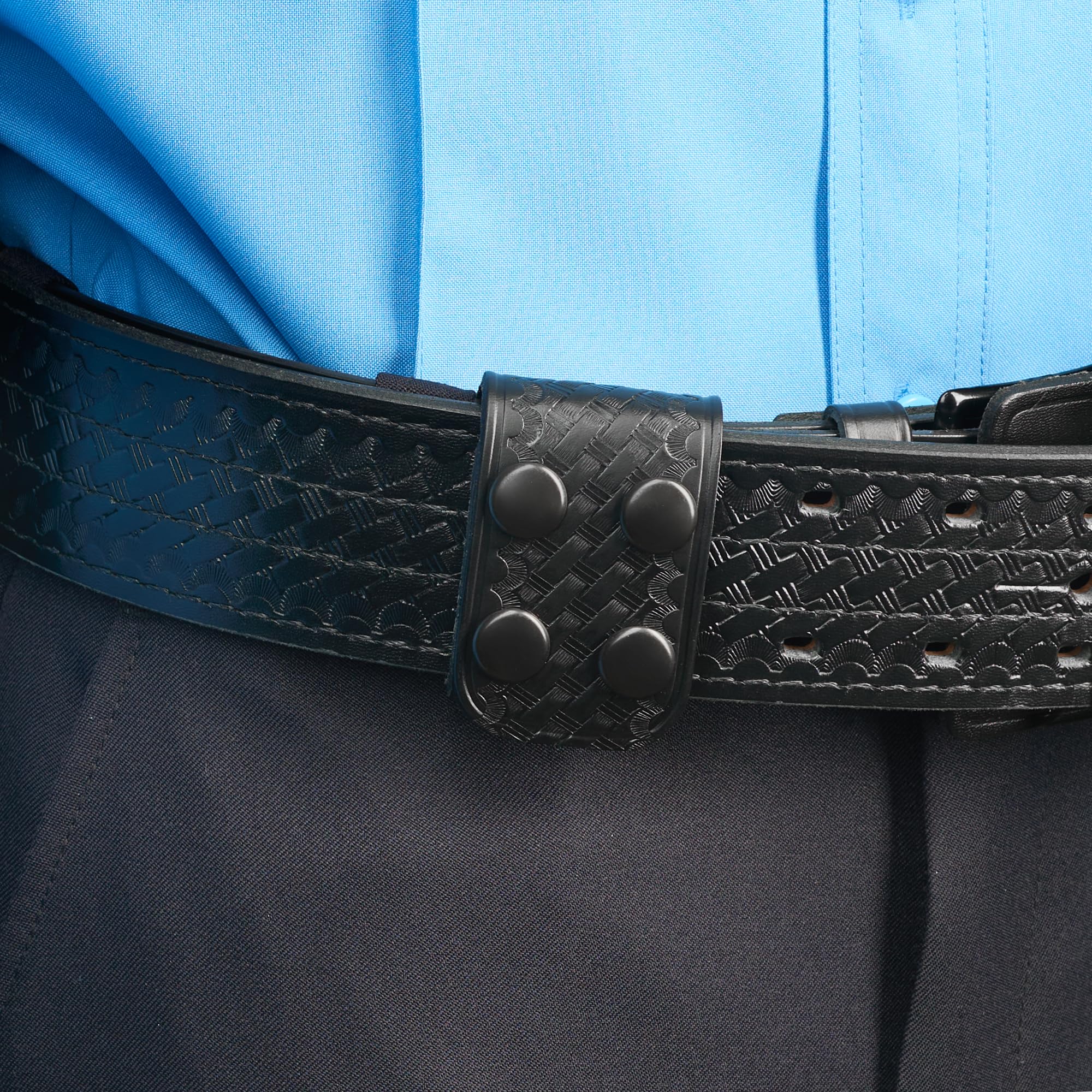 Duty Belt Keeper Double Width 1.75 inch for Belts 2 1/4 inch Wide, Basketweave Genuine Leather and Black Snap 2 Pack