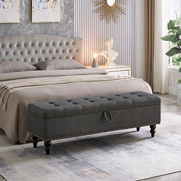 extrasleep 59 Inch Storage Ottoman with Button Tufted Top, King Size End of Bed Storage Bench, Cotton Linen Upholstered Ottoman with Storage, Dark Brown Wood Legs, 500LB Capacity, Grey