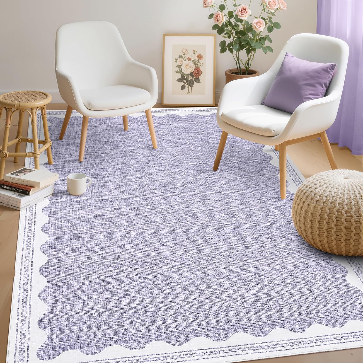 Scalloped 3x5 Rug Washable Non-Slip Low-Pile Indoor Rugs for Entryway Solid Purple Modern Carpet for Kitchen Bedroom Living Room Bathroom Indoor Mat