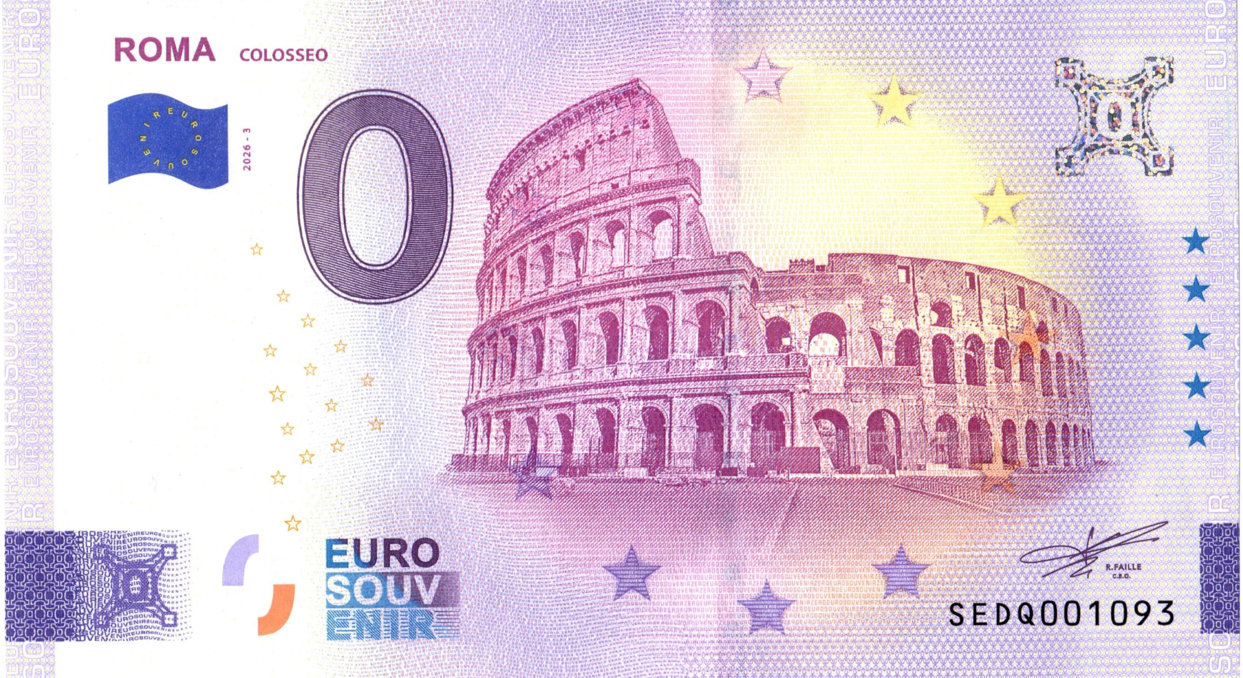 Banconota da 0 Euro Italia · Roma Colosseo · o Zero € Souvenir Biglietto turistico