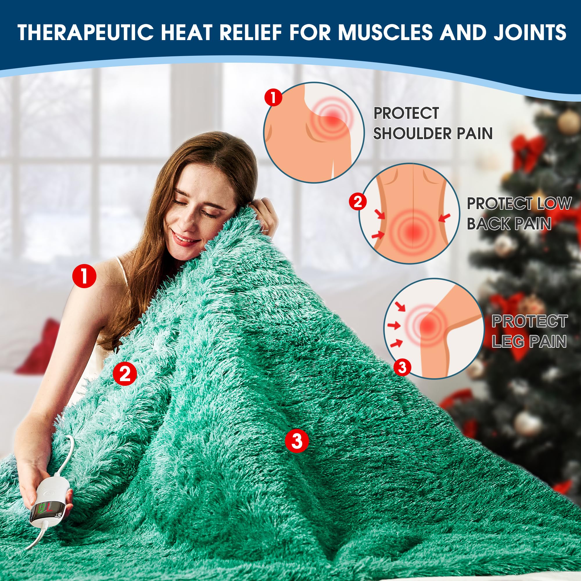 RUJIPO Heated Electric Blanket Faux Fur Queen Size with Fluffy Sherpa Back Dual Control, Warm Gift Soft Plush Heating Blankets with 10 Heat Settings, 5 Time Settings, ETL 84