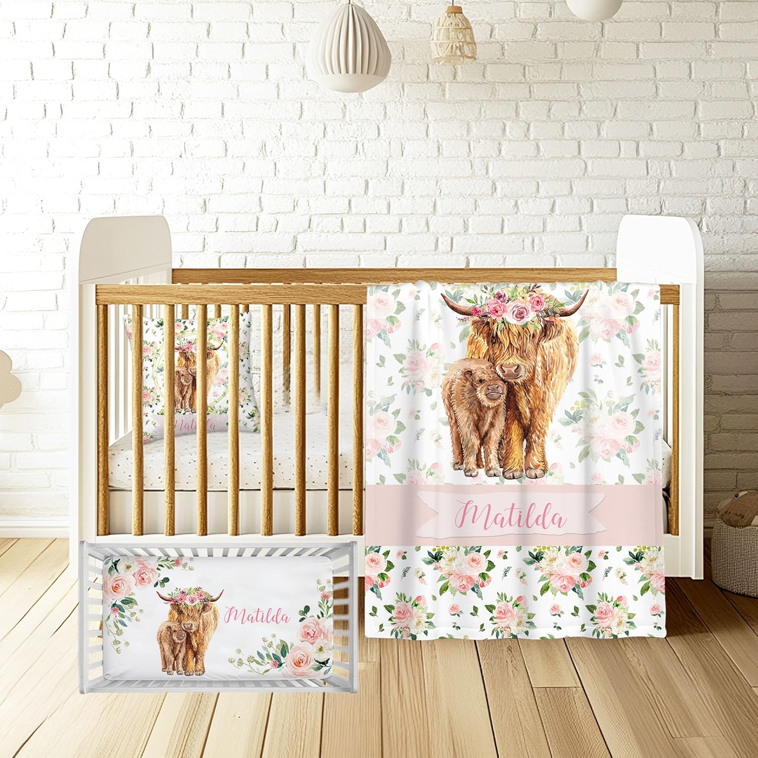 Personalized Highland Cow Baby Crib Bedding Set for Girls – Custom Name 3 Piece Floral Nursery Set with Soft Flannel Blanket, Fitted Crib Sheet & Pillowcase – Custom Infant Toddler Bedding Gift