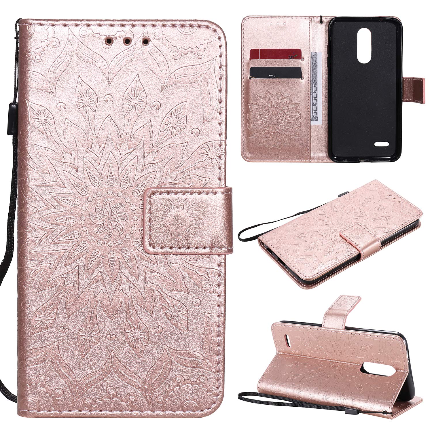 Phone Case for LG K30 2018 5.3/Premier Pro LTE/Phoenix Plus/Harmony 2/K10/Xpression Wallet with Tempered Glass Screen Protector Flip Cover Card Holder Stand Cell LGK30 K 30 30K LMX410 Women Rose Gold