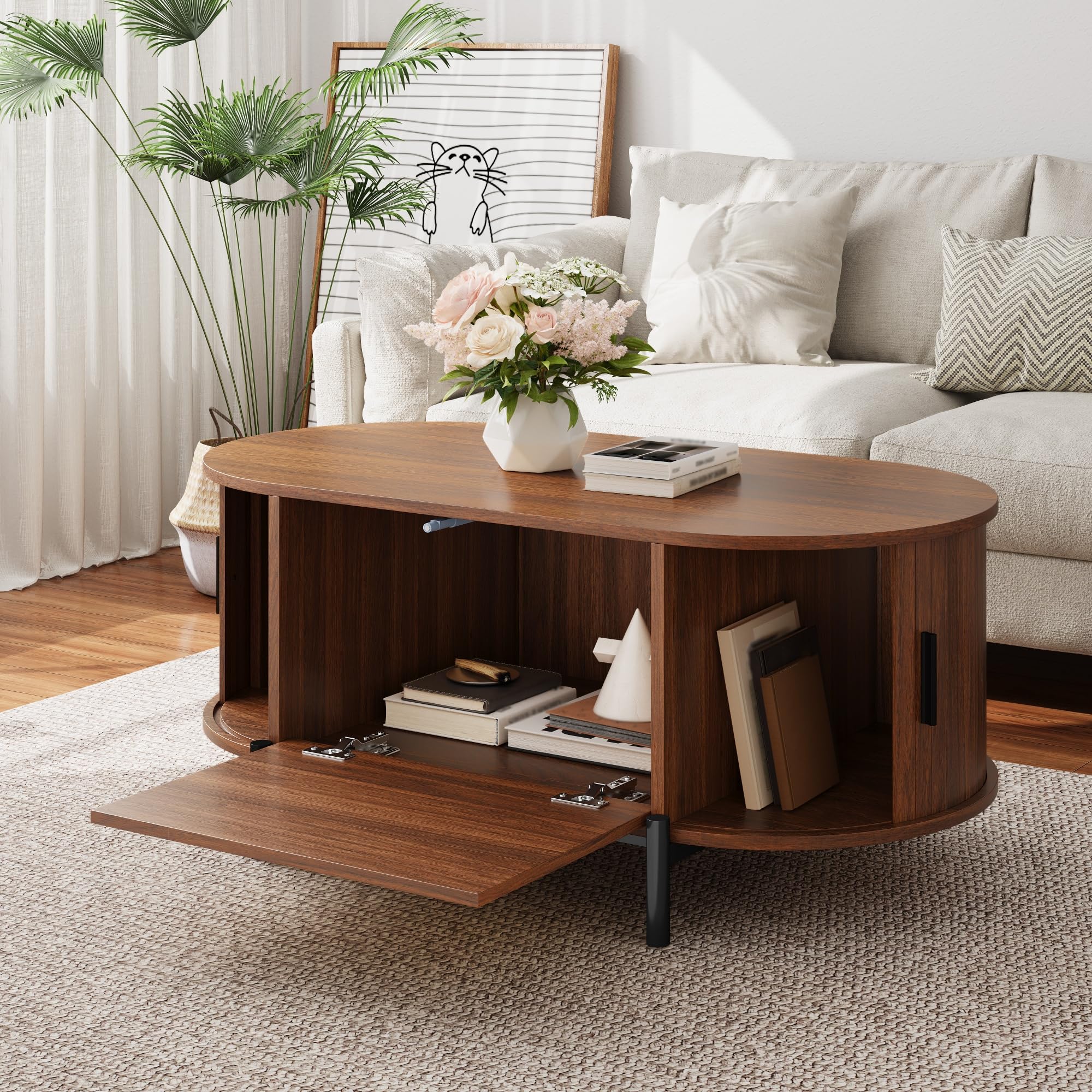 Merax Table basse en noyer avec espace de rangement, table de salon aspect bois avec portes coulissantes en rotin et pieds en métal, table d'appoint moderne pour salon, 100 x 50 x 40 cm (L x l x H)