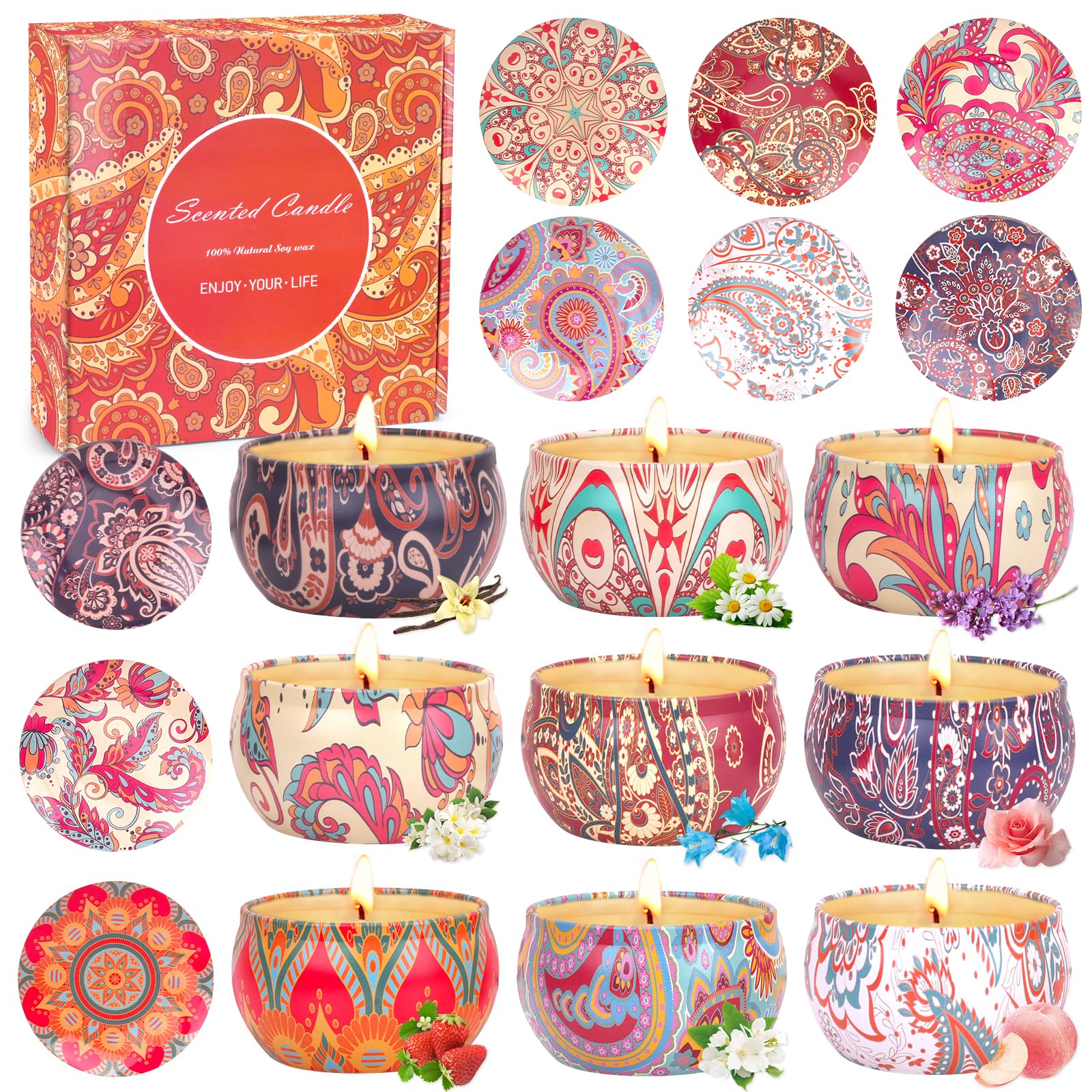 KERCAMKEL Vela Aromática para Regalo, Set de 9 Velas Perfumadas con Tapa, 180 Horas, 100% Cera de Soja, Velas Portátiles para Aliviar el Estrés, Ideas Regalo Mujer