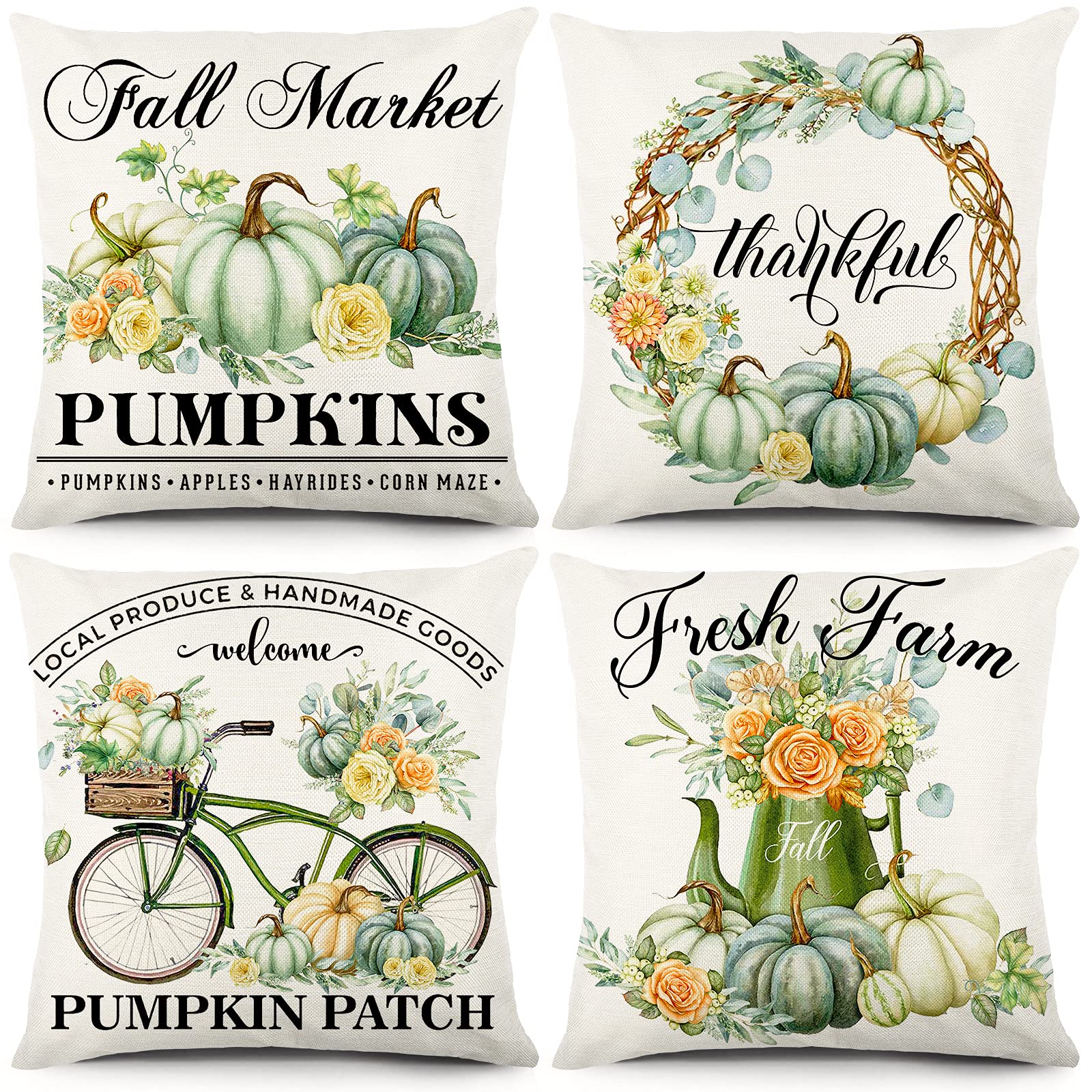 Bowount Fall Pillow Covers 18x18 Set of 4 Fall Decorations Autumn Farmhouse Pumpkin Flower Pillow Covers for Sofa Couch Thanksgiving Decorations Throw Pillow Covers