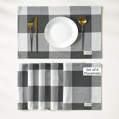 LANE LINEN Juego de 6 manteles individuales decorativos de algodón para cocina, 13 x 19 pulgadas, color gris a cuadros