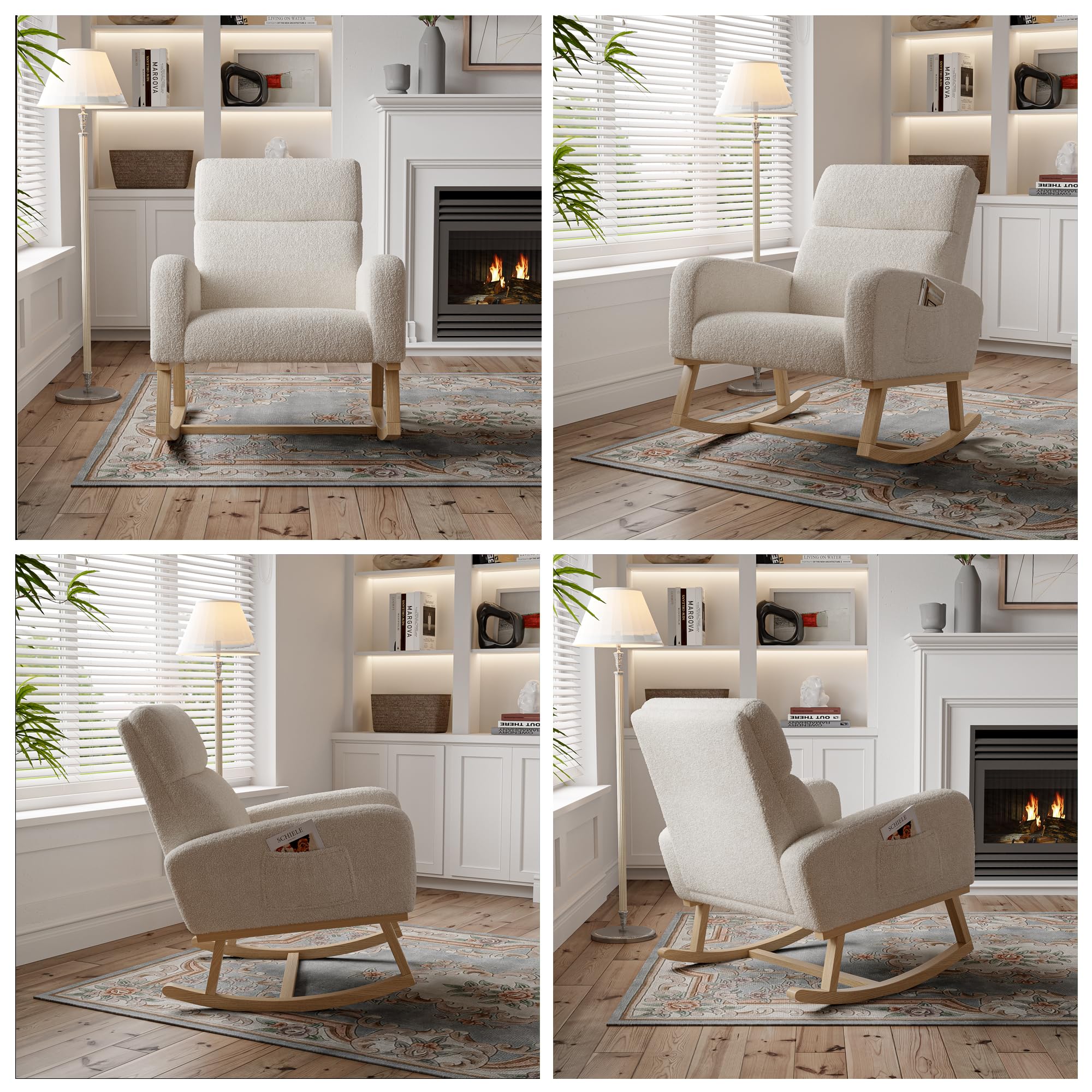 Générique Fauteuil à Bascule,Rocking Chair,Chaise à Bascule avec Polaire Sherpa,Fauteuil Allaitement,Chaise à basule,avec Pieds en Bois Massif pour Salon Chambre à Coucher,Bureau (Beige-014)