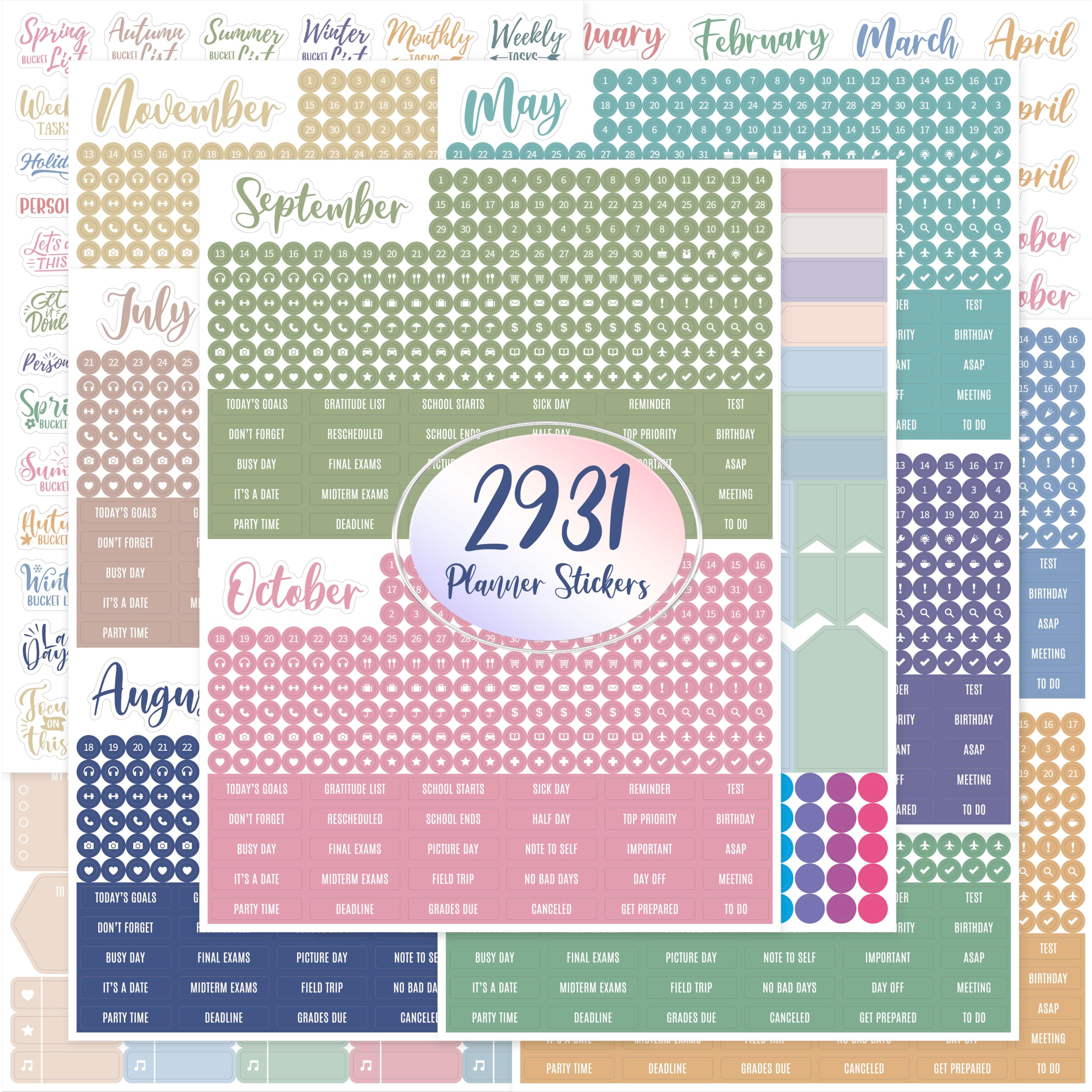 2931 Planner Stickers, Color Coordinating Monthly Functional Stickers Daily Calendar Stickers Aesthetic Note to Do Blank Stickers for Scrapbooks,
