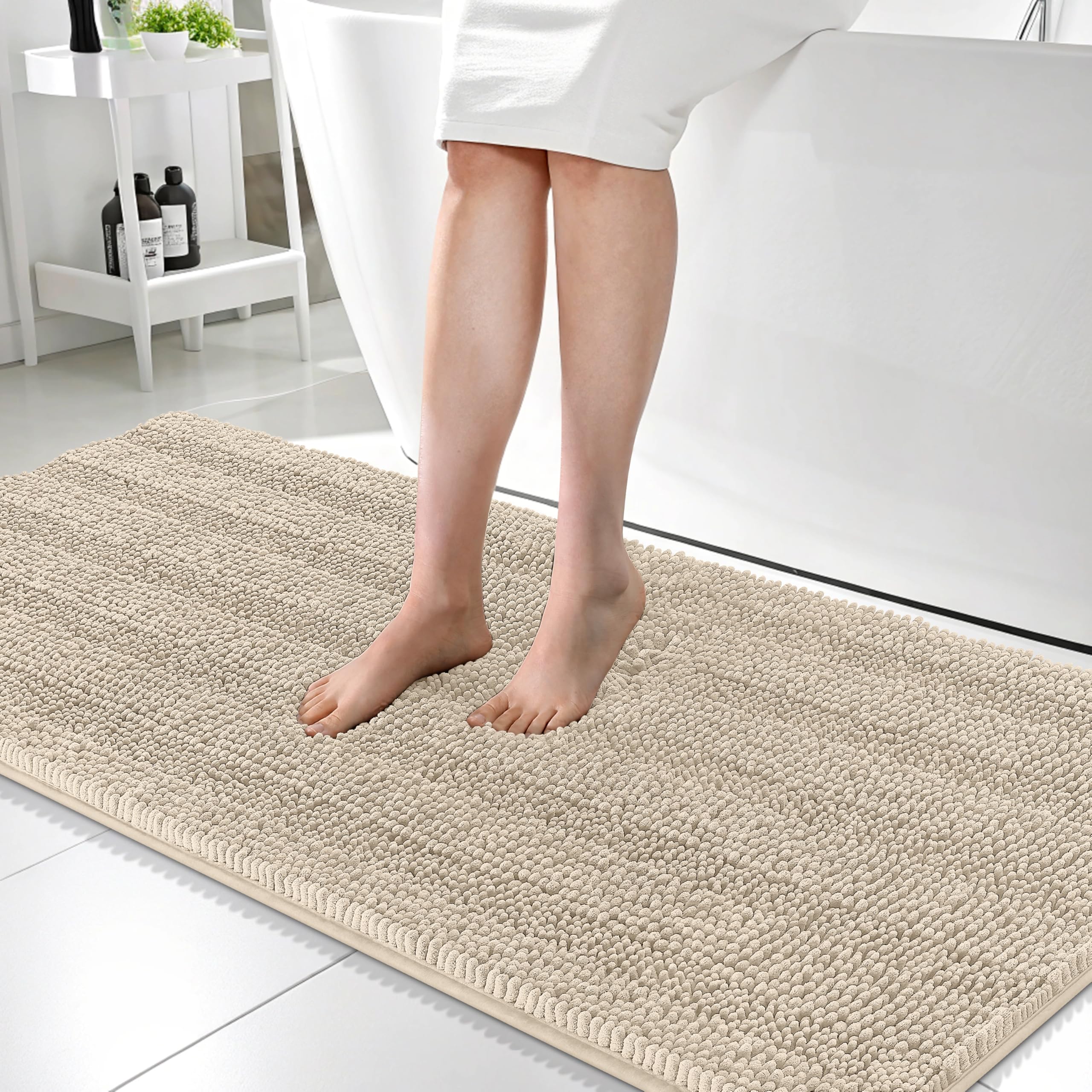 OLANLY Thick Bathroom Runner Rugs 59x24, Soft Chenille Long Bath Rugs, Sand