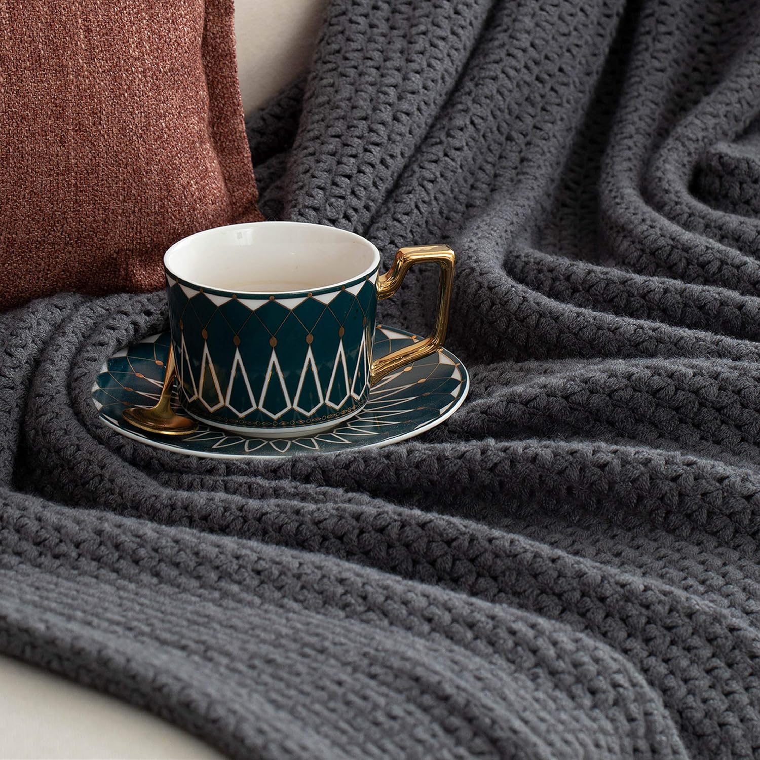 Bedsure Dark Grey Throw Blanket for Couch, Lightweight Knit Woven Blanket, 50x60 Inch - Soft Farmhouse Decorative Blanket with Tassels for Bed, Couch, Sofa, Black Charcoal Throw Blanket