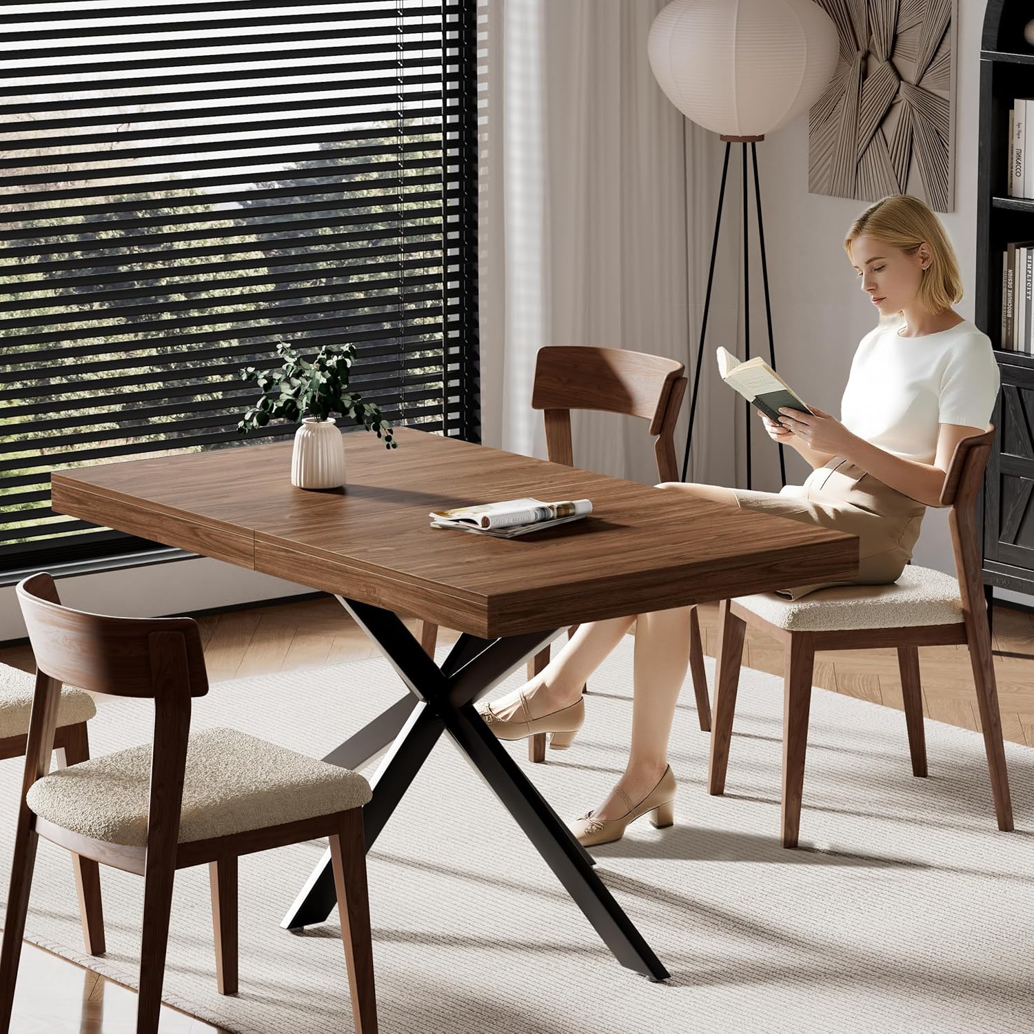 Extendable Dining Room Table for 4 6 8, 55"-70.9" Kitchen Table Rectangle Wood, Expandable Dining Table with Hidden Storage, Space Saving Farmhouse Kitchen Table for Kitchen Dining Living Room